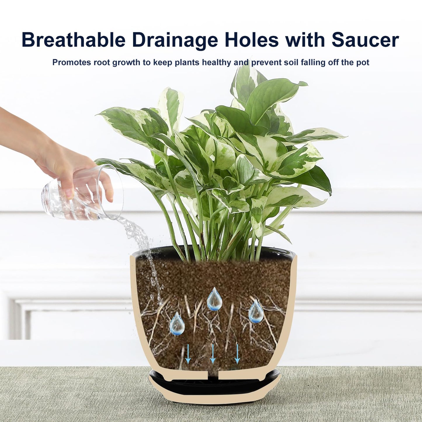 Sureasy Ceramic Plant Pots, 4.7 Inch Flower Pots for Indoor Plants, Succulent Pots with Saucer and Drainage Hole, Decorative Planter for Succulent, Cactus, Set of 4, Black