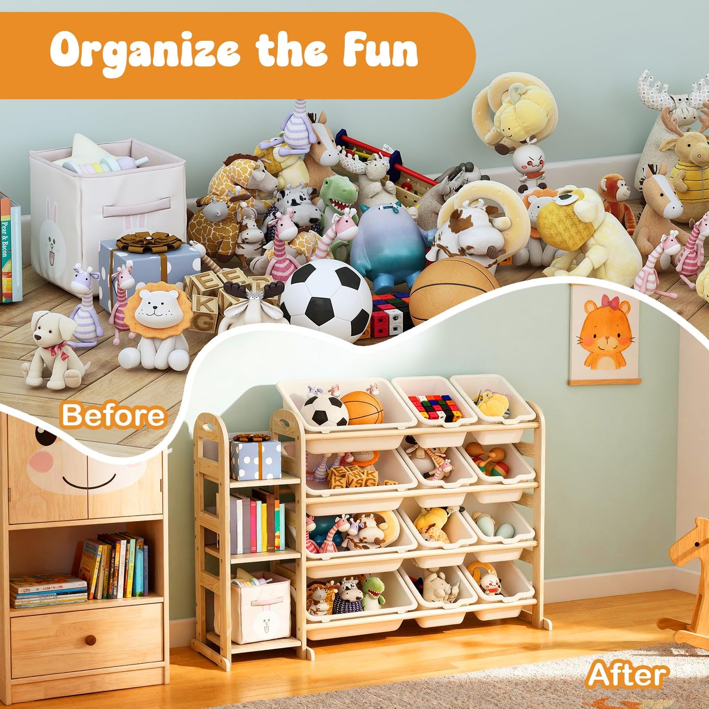 Toy Storage Organizer, Wooden Toy Organizers and Storage with Bookshelf, Toy Storage Shelf with 3 Shelves and 12 Storage Bins, Kids Bookshelf for Playroom, Nursery, Bedroom, Bookcase for Kids, White