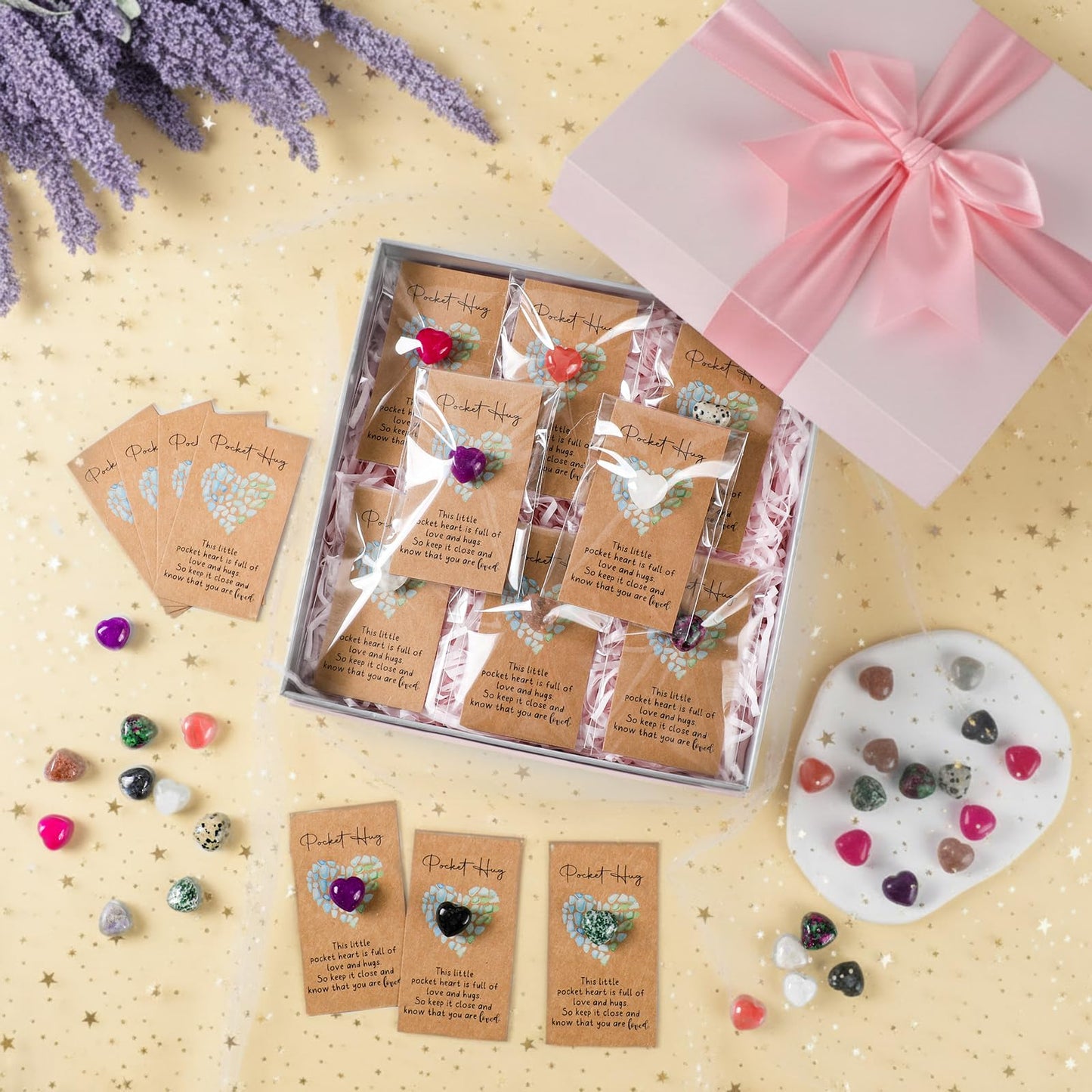 Nosiny 45 Sets Heart Stones Bulk Mother's Day Gift for Women Pocket Hug Token 0.8'' Natural Heart Crystals and Healing Stones with Card Employee Coworker Volunteer Nurse Graduation Meditation Gift