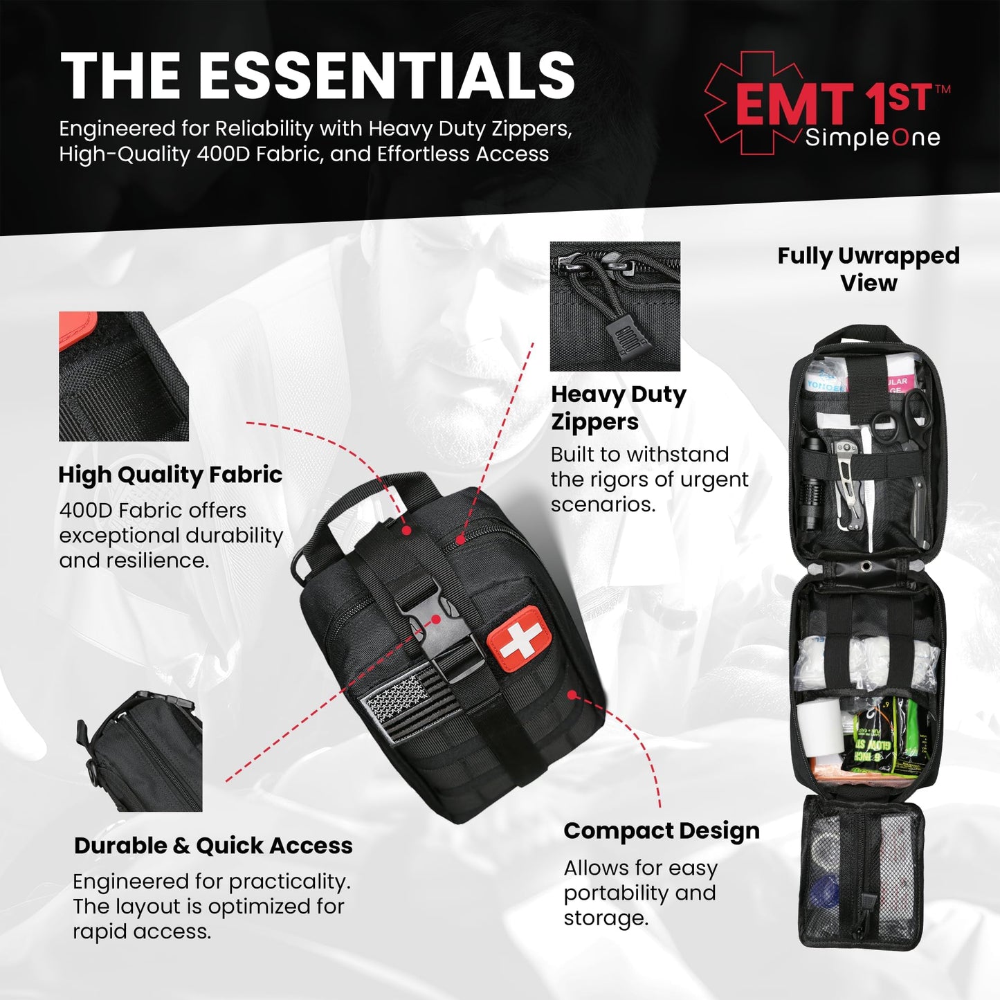 EMT 1st 250 Pcs Emergency Responder First Aid Kit with 30 Unique Items & Mylar Blankets Large First aid kit for car, Travel & Home - Emergency Bag for Hiking, Camping, Backpacking and Outdoor