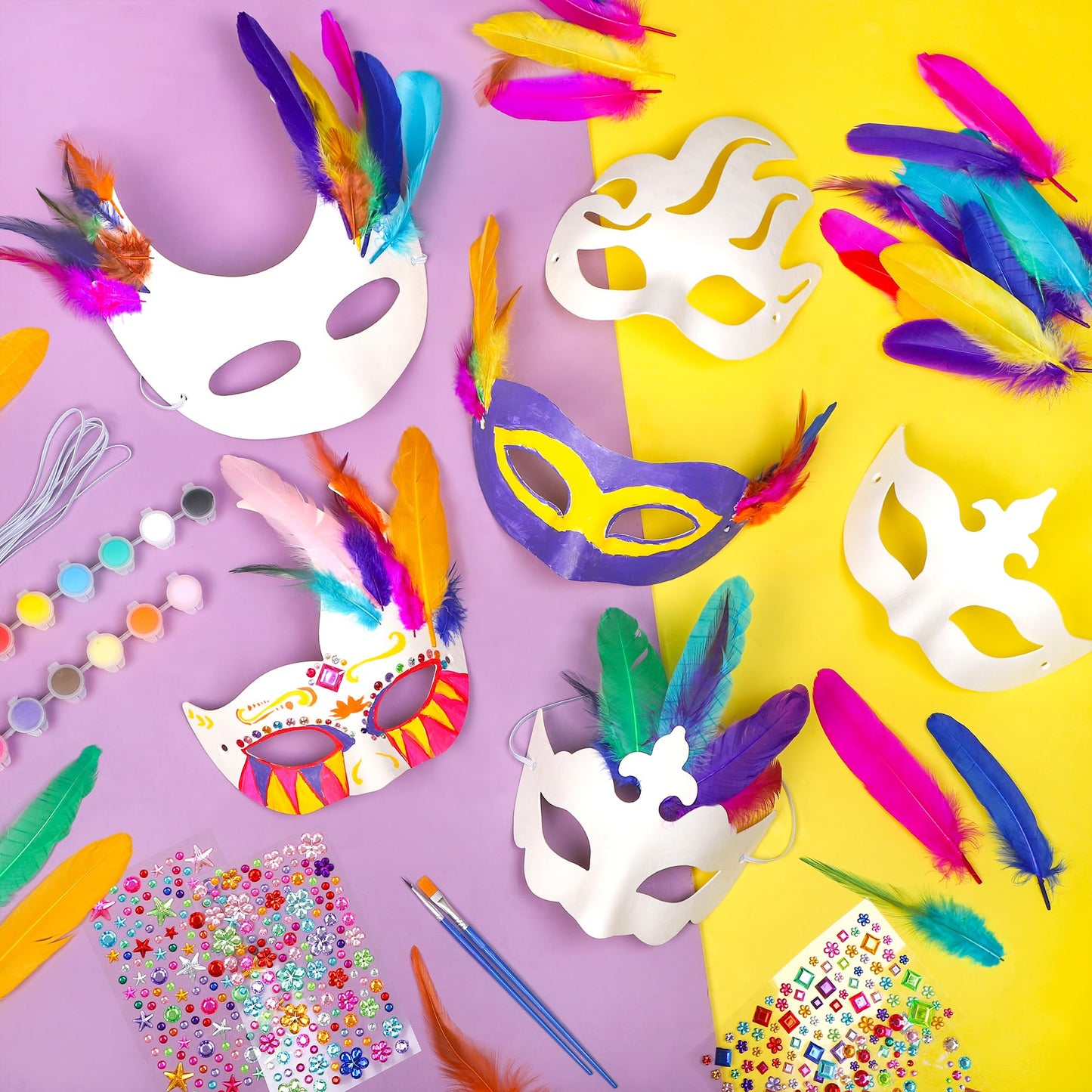 Elcoho 12 Pieces White Paper Masks DIY Kit with 100 Feathers Gemstone Paint Paper Mache Art Mask for Crafting Half Face Masquerade Mask for Party Decorations Adult Costume Party Favors