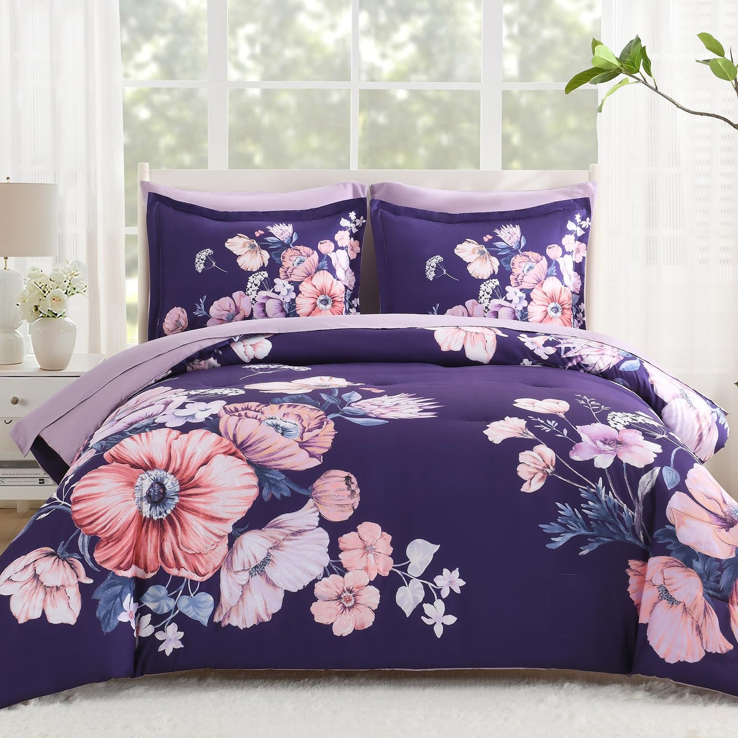 LLDSYW Queen Comforter Set - 7 Pieces Bed in a Bag Dark Purple Floral Queen Comforter Set with Sheets, Soft Microfiber Flower Complete Bedding Set for All Seasons（Dark Purple,90"x90"）