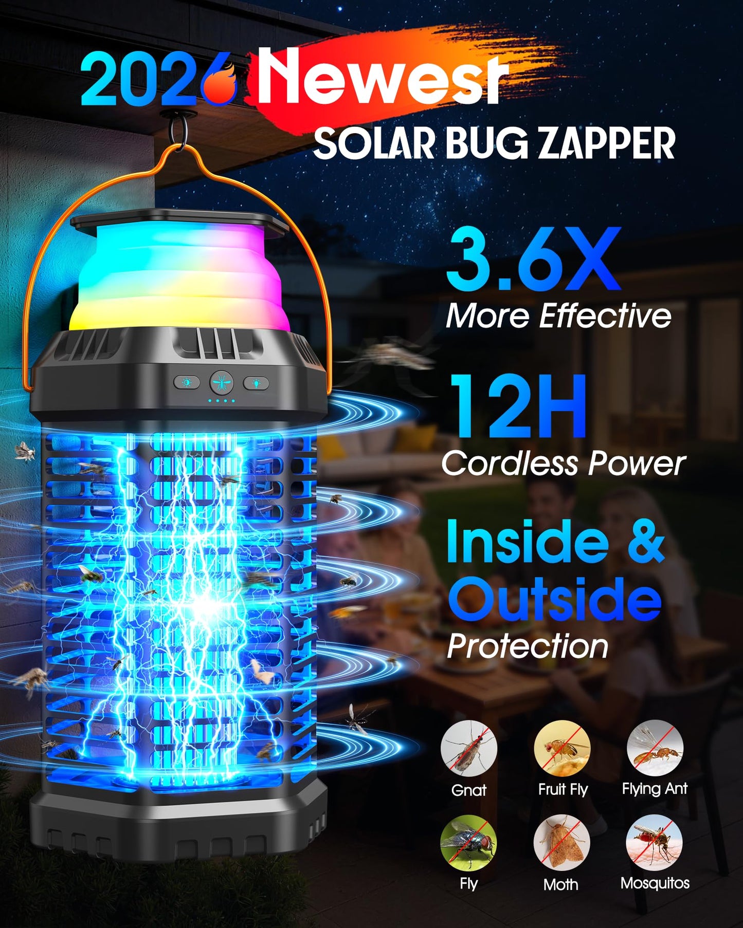 GTERT Solar Bug Zapper Outdoor – Ultra-Strong Fly & Mosquito Zapper, Solar-Powered Rechargeable Bug Zapper, Portable Cordless Insect Zapper, Foldable Adjustable Outdoor Light, IP66 Waterproof (Black)