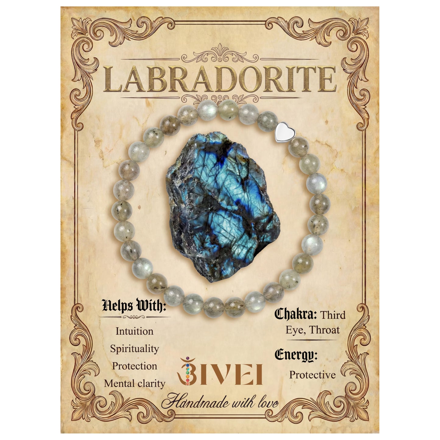 Bivei 6mm Labradorite Crystal Stretch Bracelets for Women, Handmade Natural Stone Beaded Bracelet, Yoga Protection Jewelry Gift