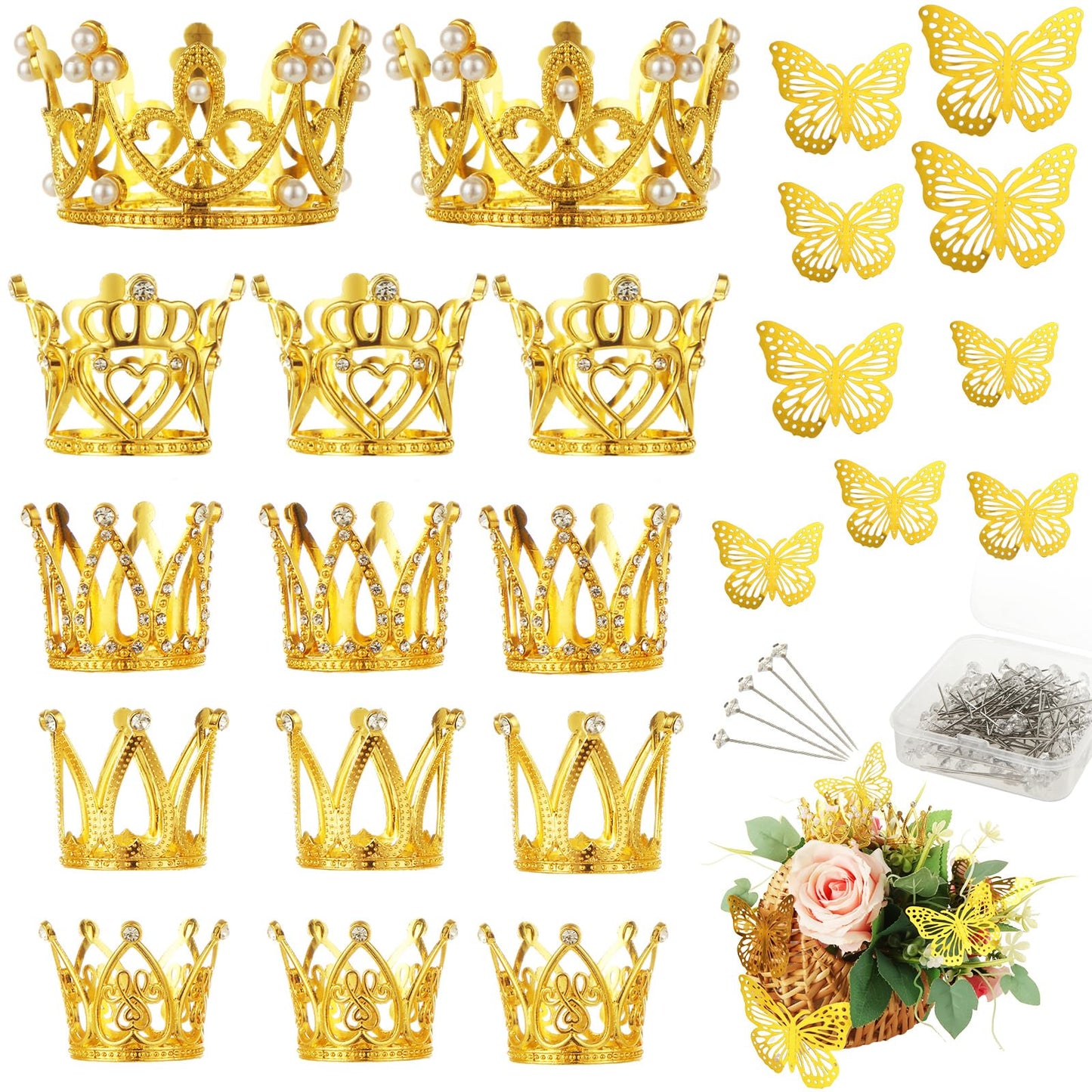STARVAST 50PCS Mini Crowns Bulk for Flower Bouquets, Small Gold Crown Cupcake Toppers for Wedding, Baby Shower & Birthday Party Decorations, 5 Styles with Floral Arranging Needles