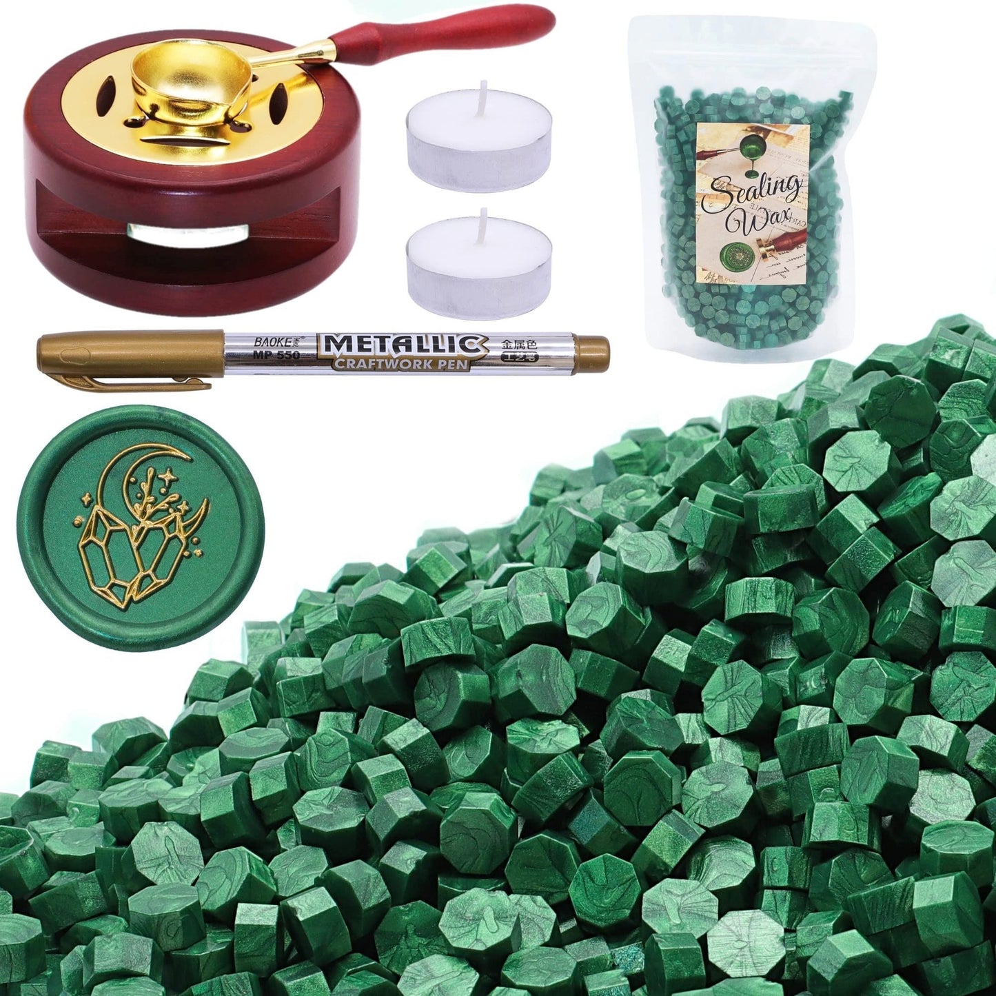 SWANGSA Sealing Wax Kit, 1450pcs Sealing Wax Beads Metallic Green, Wax Seal Warmer, Wax Spoon, Gold Wax Seal Pen and Tealight Candles for Wax Stamp Letter Sealing