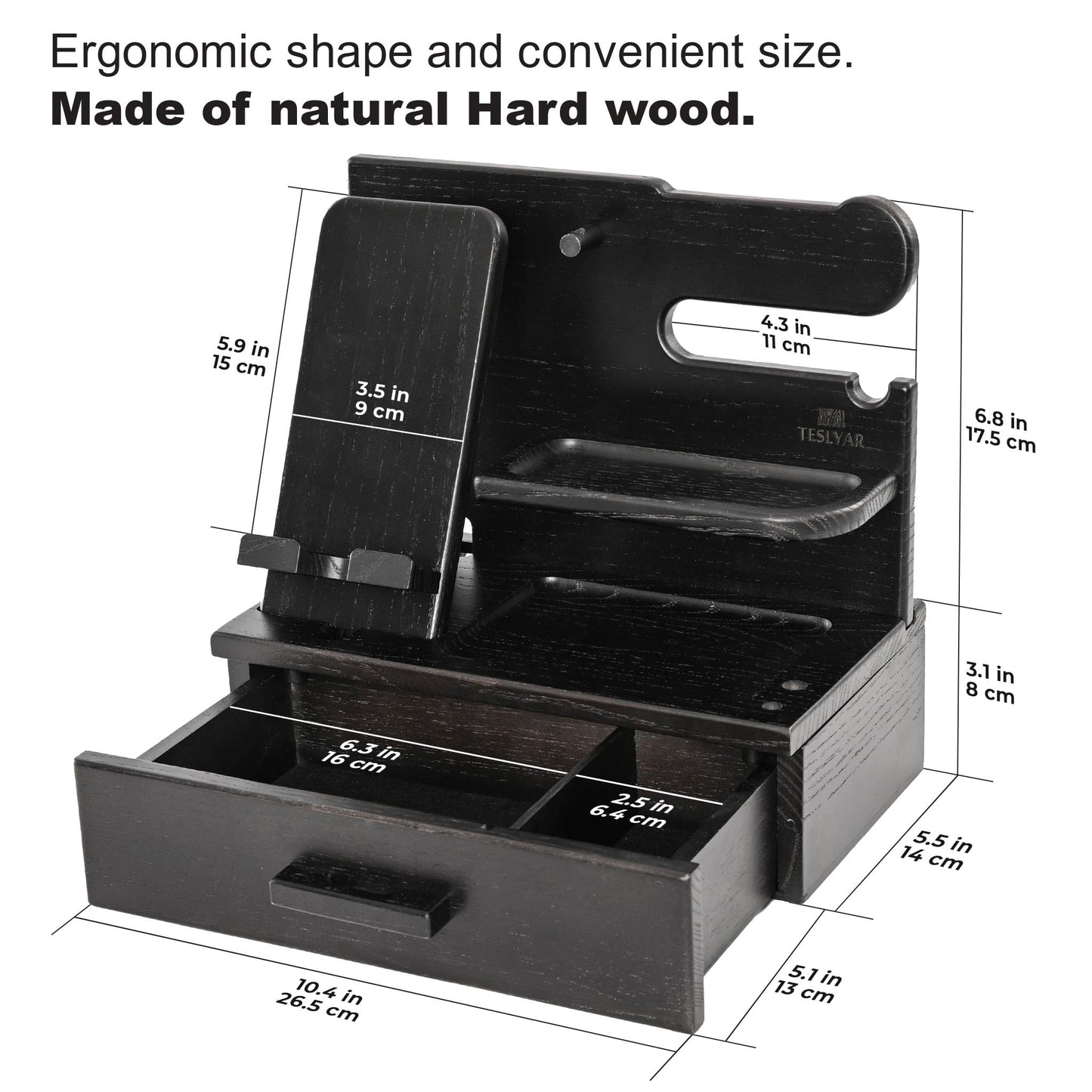TESLYAR Wood Phone Docking Station with Drawer - Nightstand Organizer - Desk Organizer for Husband - Birthday Gifts for Men, Dad, Anniversary Idea, Key Holder Stand Watch & Accessories (Fumed Black)