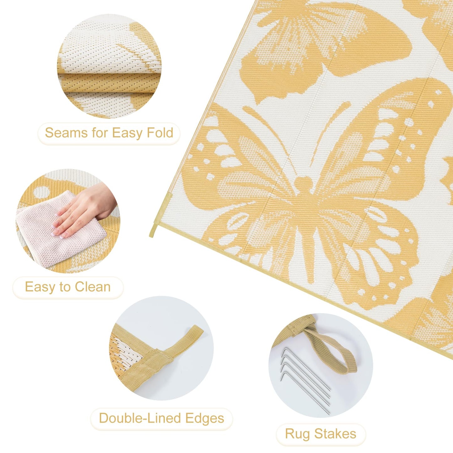 Uphome Outdoor Rug Waterproof 6x9 ft, Patio Plastic Straw Rugs for RV Camping, Reversible Butterfly Mat Outside, Indoor Outdoor Floor Carpet for Back Yard Deck Balcony Porch Beach Picnic, Yellow