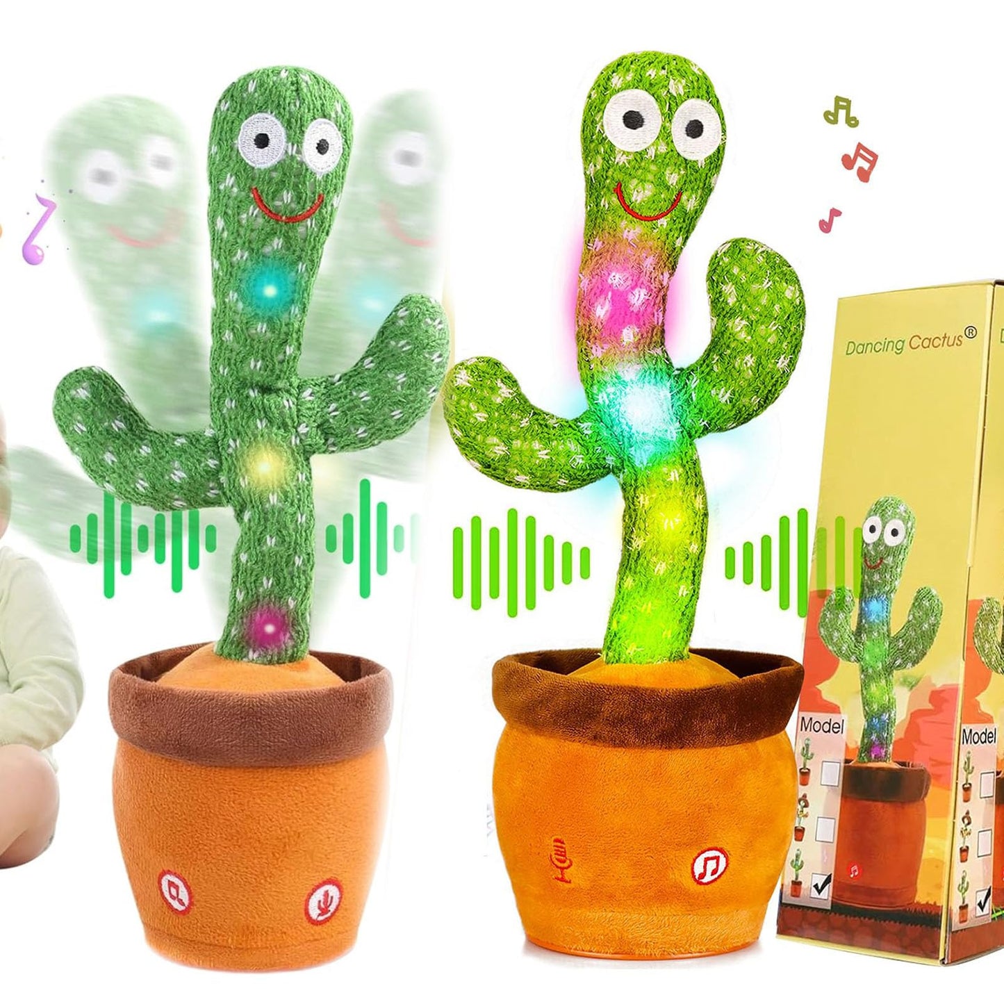 Dancing Talking Cactus Baby Toy, Singing Mimicking Repeating Cactus Toy Repeats What You Say, Tummy Time Toys LED Interactive Toddler Infant for Boys Girls, 15S Record Your Sound 1 Year Old Girl Gifts