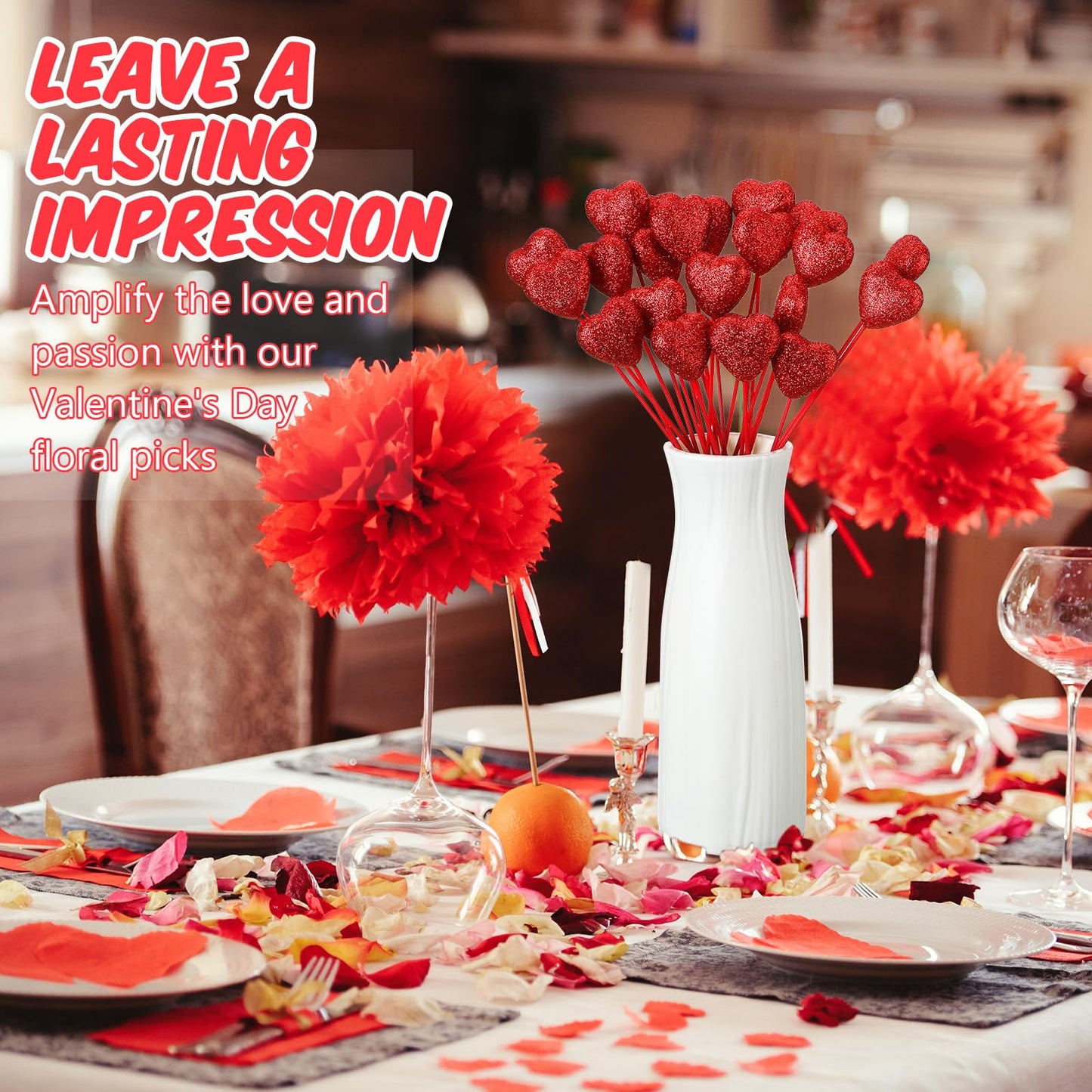 ZCYSRLQIN 24 Pcs Glitter Foam Hearts Sticks Foam Heart Picks Sparkly Hearts Stems Puffy Heart Wooden Picks for Wedding Decorations Flower Arrangements Crafts (Red)