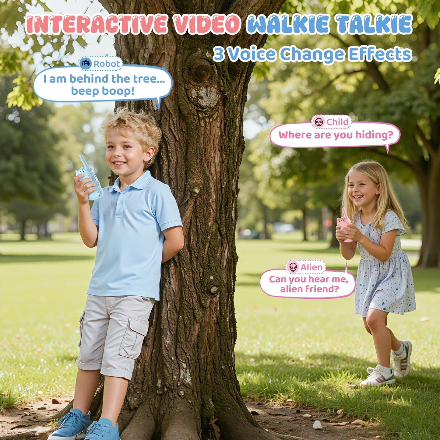 Video Walkie Talkie for Kids - 2 Pack Rechargeable Kids Walkie Talkies Long Range Radios, Video Intercom & Voice Effects, Christmas Birthday Gifts, Toys for Age 3-12 Boys Girls, Indoor Outdoor Travel