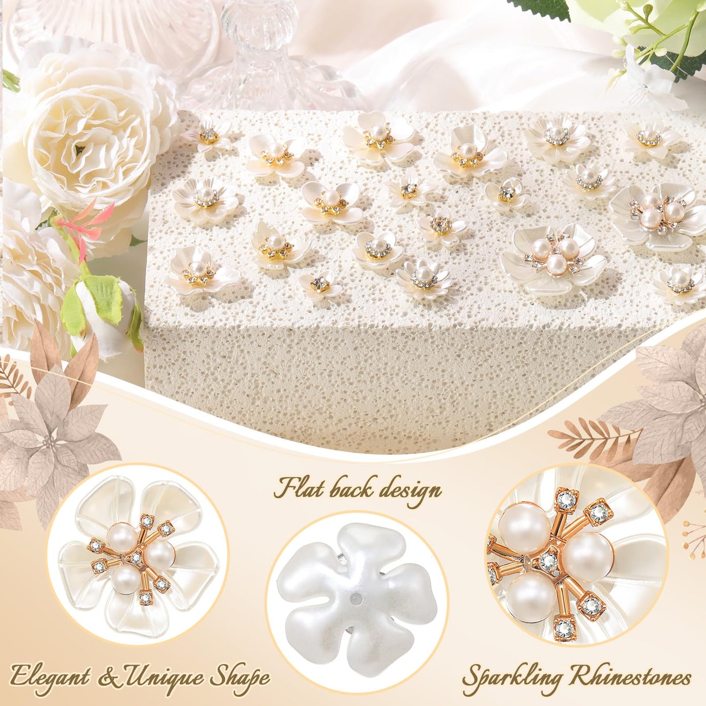 Janinka 140 Pcs Rhinestone Buttons Faux Pearl Buttons Flat Back Flower Embellishments for Jewelry Making DIY Craft Wedding Hair Bouquet Home Decoration Party Accessory (Floral,White)