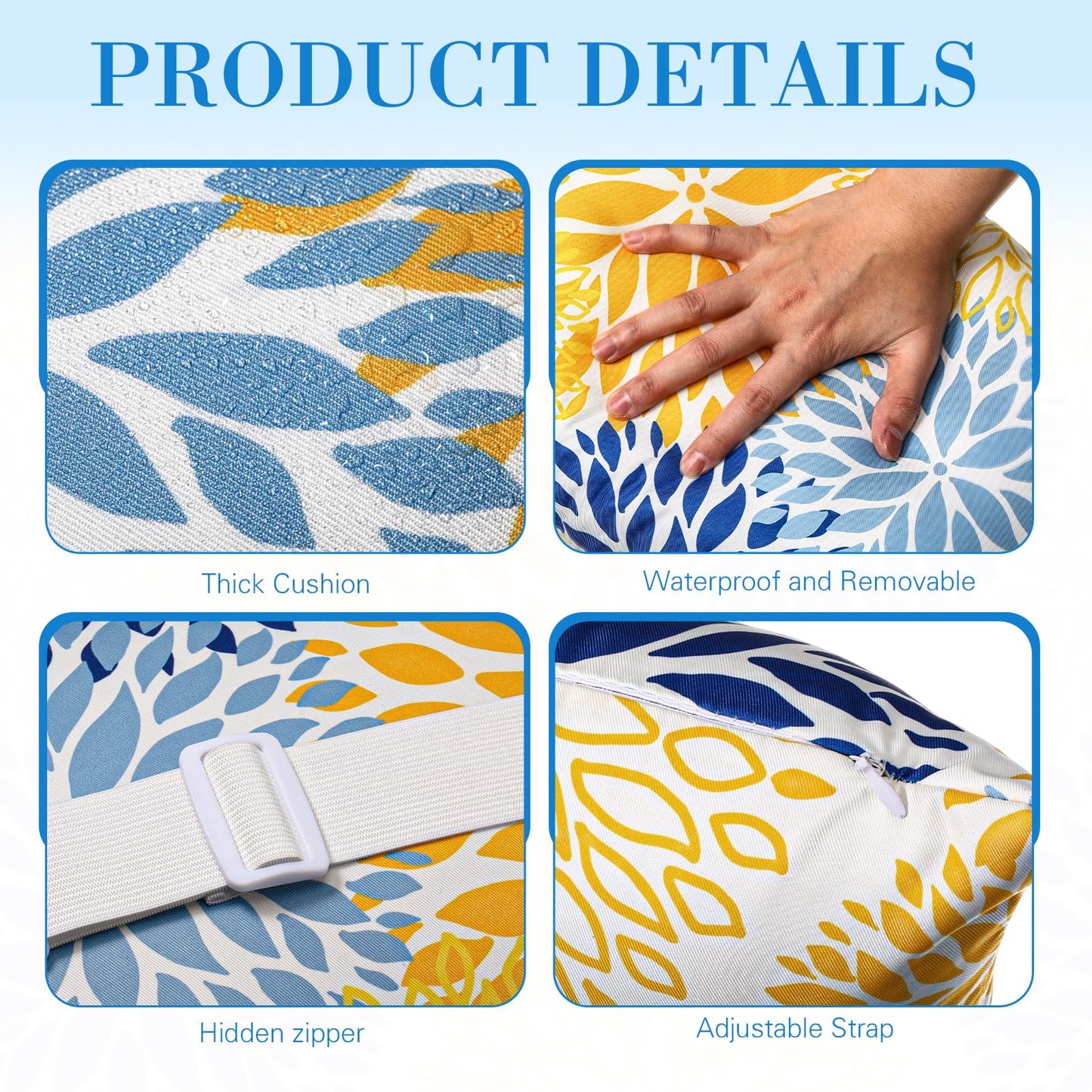 Lineshading 4 Pcs Chaise Lounge Pillow with Strap Outdoor Waterproof Pool Chair Neck Headrest Pillows with Adjustable Elastic Band for Beach Patio Chair Recliner(Yellow,Floral)