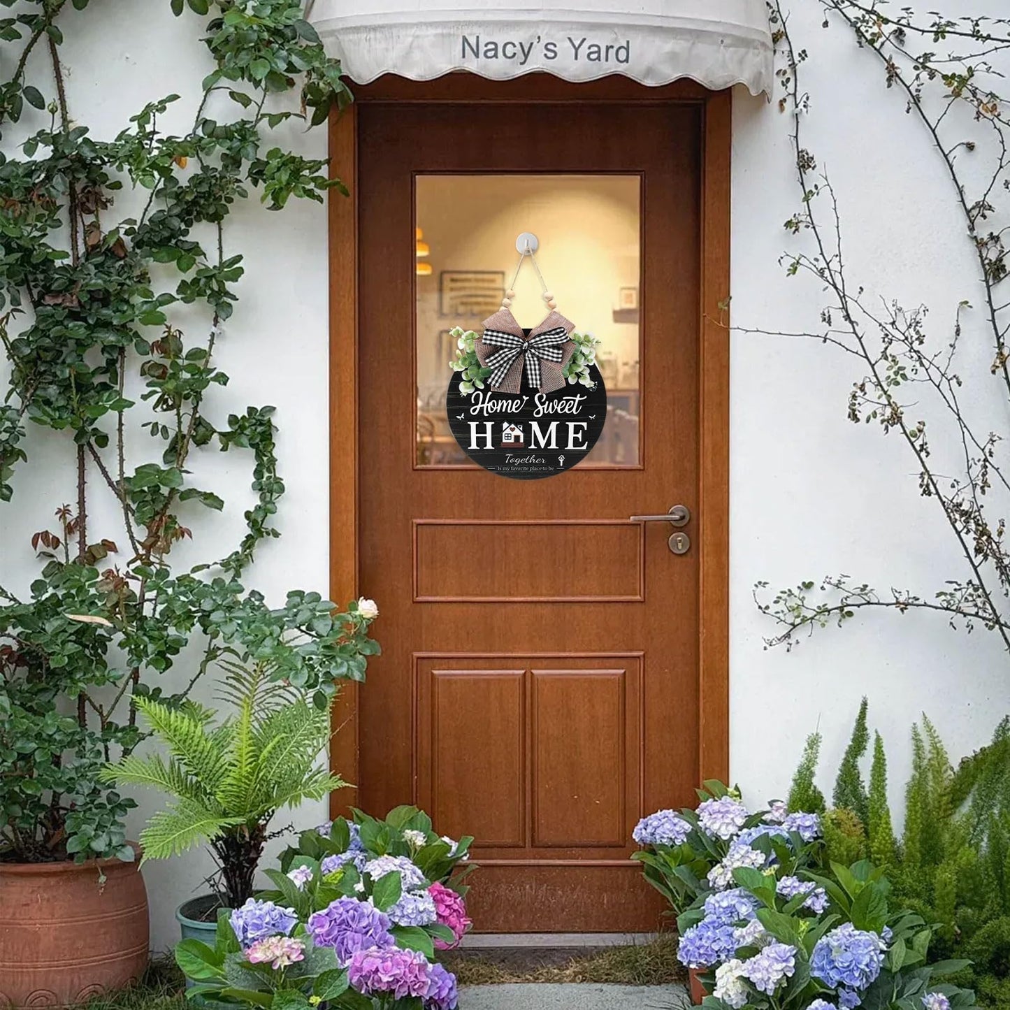 Welcome Sign for Front Door, Wooden Home Sweet Home Decor Outdoor, 3D Farmhouse Hanging Door Wreath with Artificial Greenery, Porch Welcome Sign Hanger All Year Round (Black)
