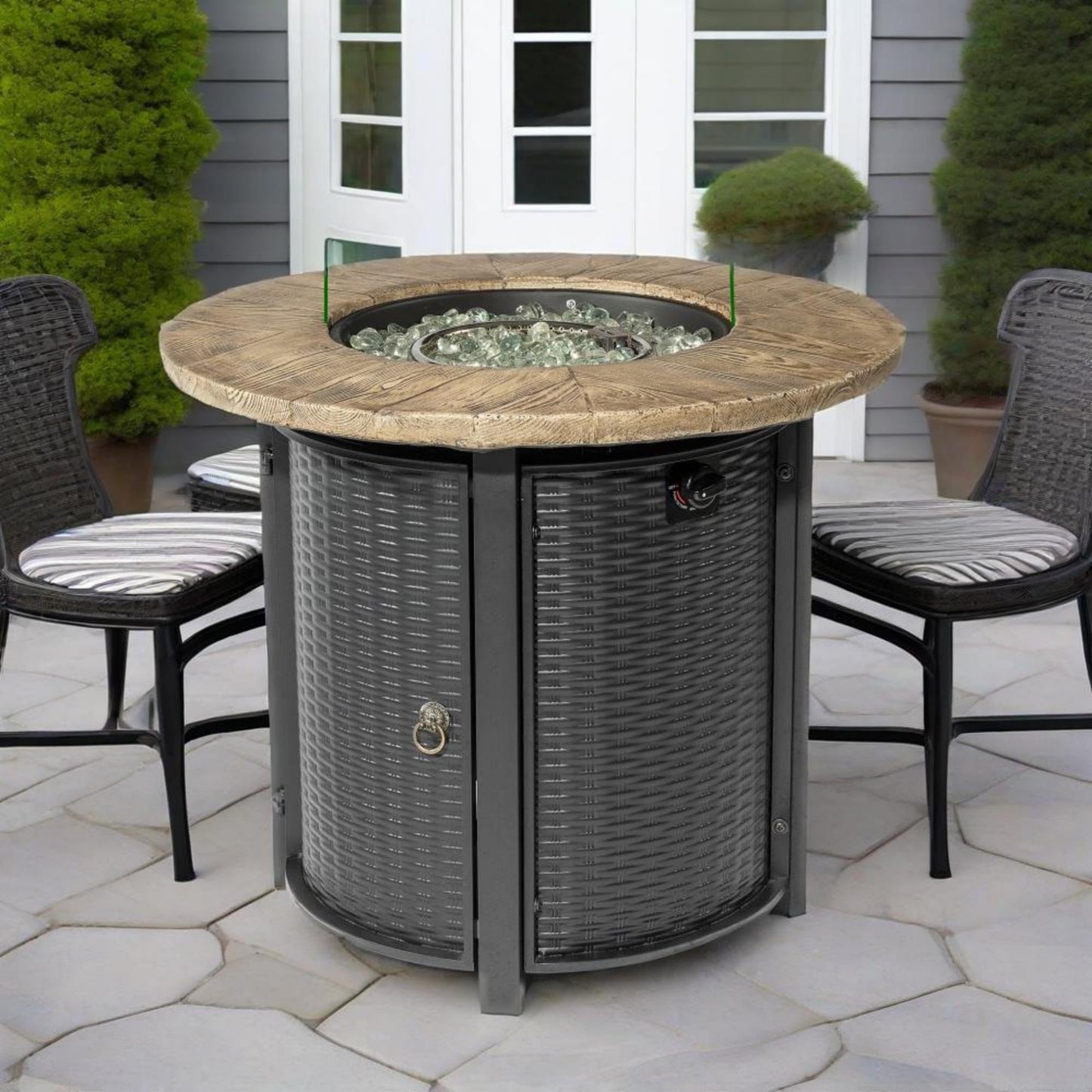 GDFStudio 30" Round Propane Fire Pit Table, 50000 BTU Outdoor Gas Heater with Faux Wood Grain Top & Glass Beads, for Patio Deck Garden Backyard, Black