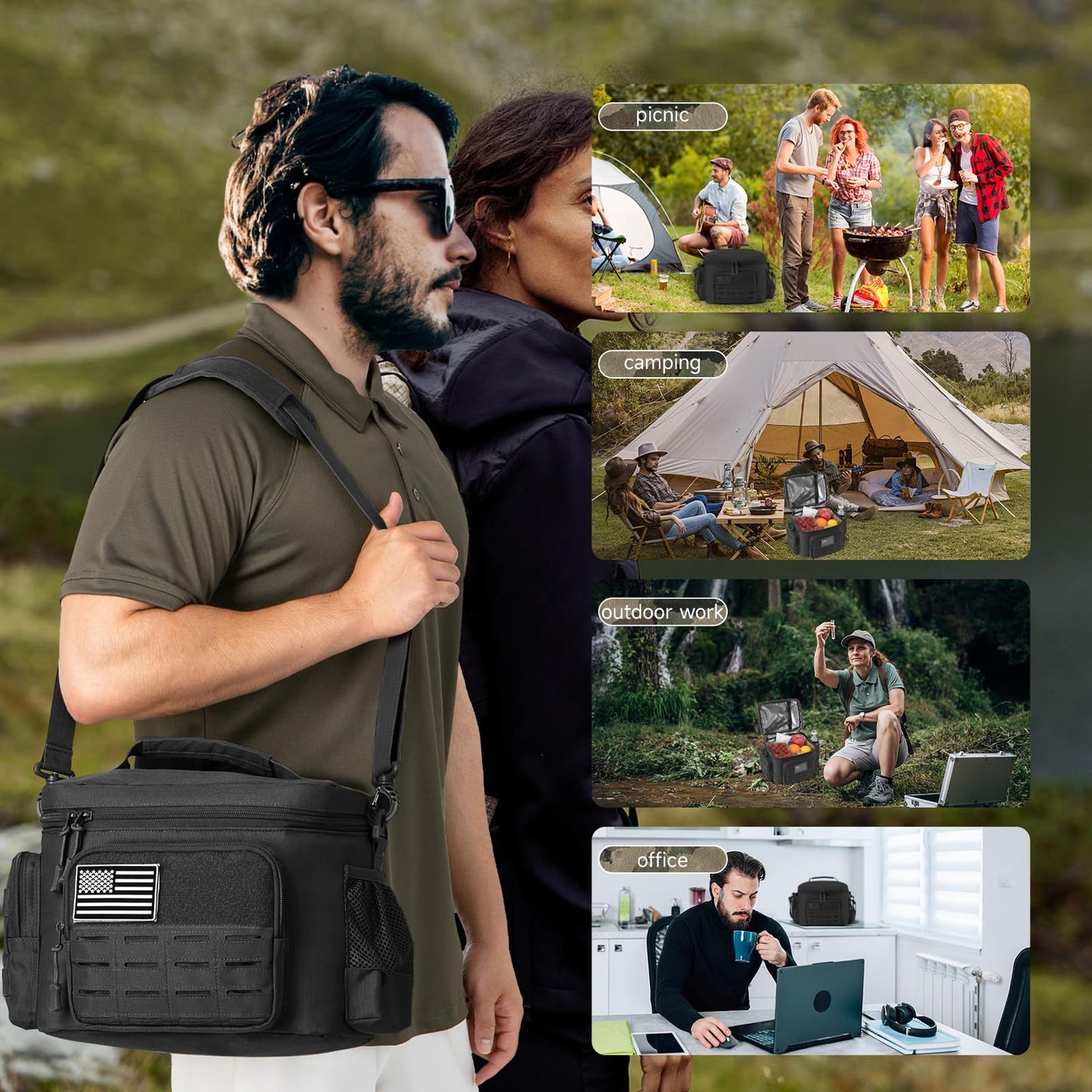 QT&QY Tactical Lunch Bag for mens Military heavy duty lunch box work Leakproof insulated Durable Thermal Cooler Bag for Adult Meal for Office Camping Picnic Pail MOLLE Webbing Black