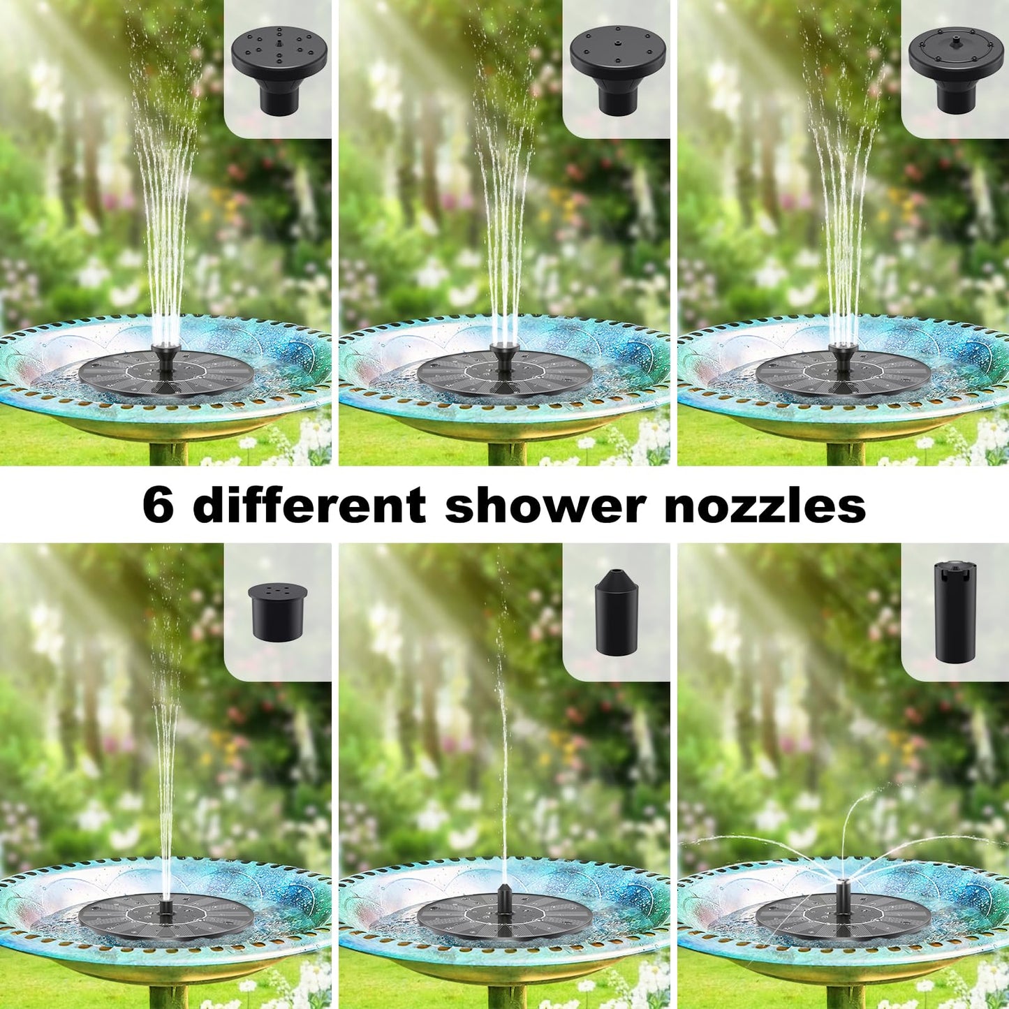 Priksia Solar Water Fountains,Solar Powered Bird Bath Fountain with 6 Nozzles - Free Standing Floating Solar Fountains for Bird Bath, Garden, Pond, Pool (Black-1.4W)