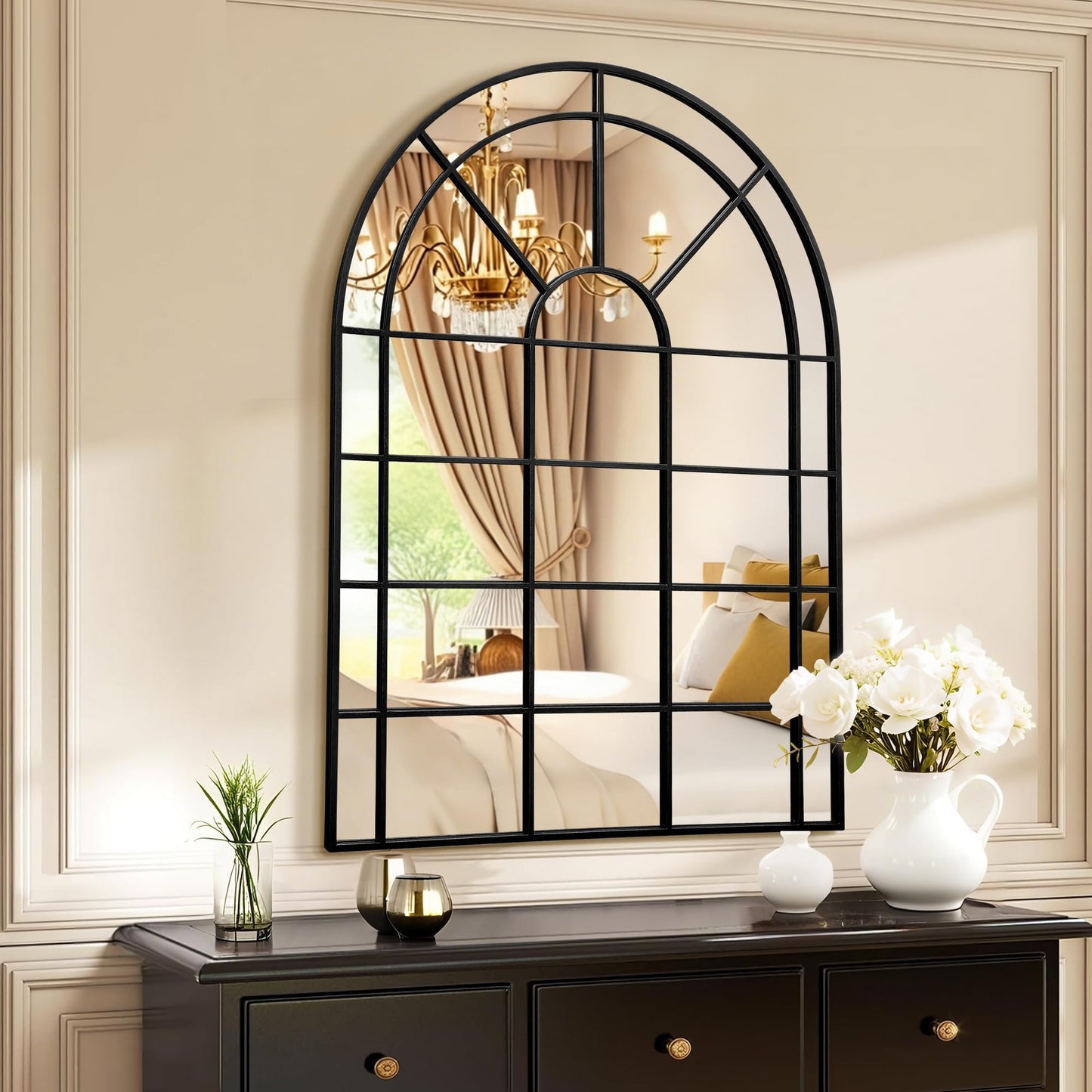 Besdomus Large Arched Window Mirror: 29"x42" Black Classic Farmhouse Wall Mirror - Wall Decor for Fireplace/Entryway/Hallway/Living Room - Ideal for Home Decor Enthusiast