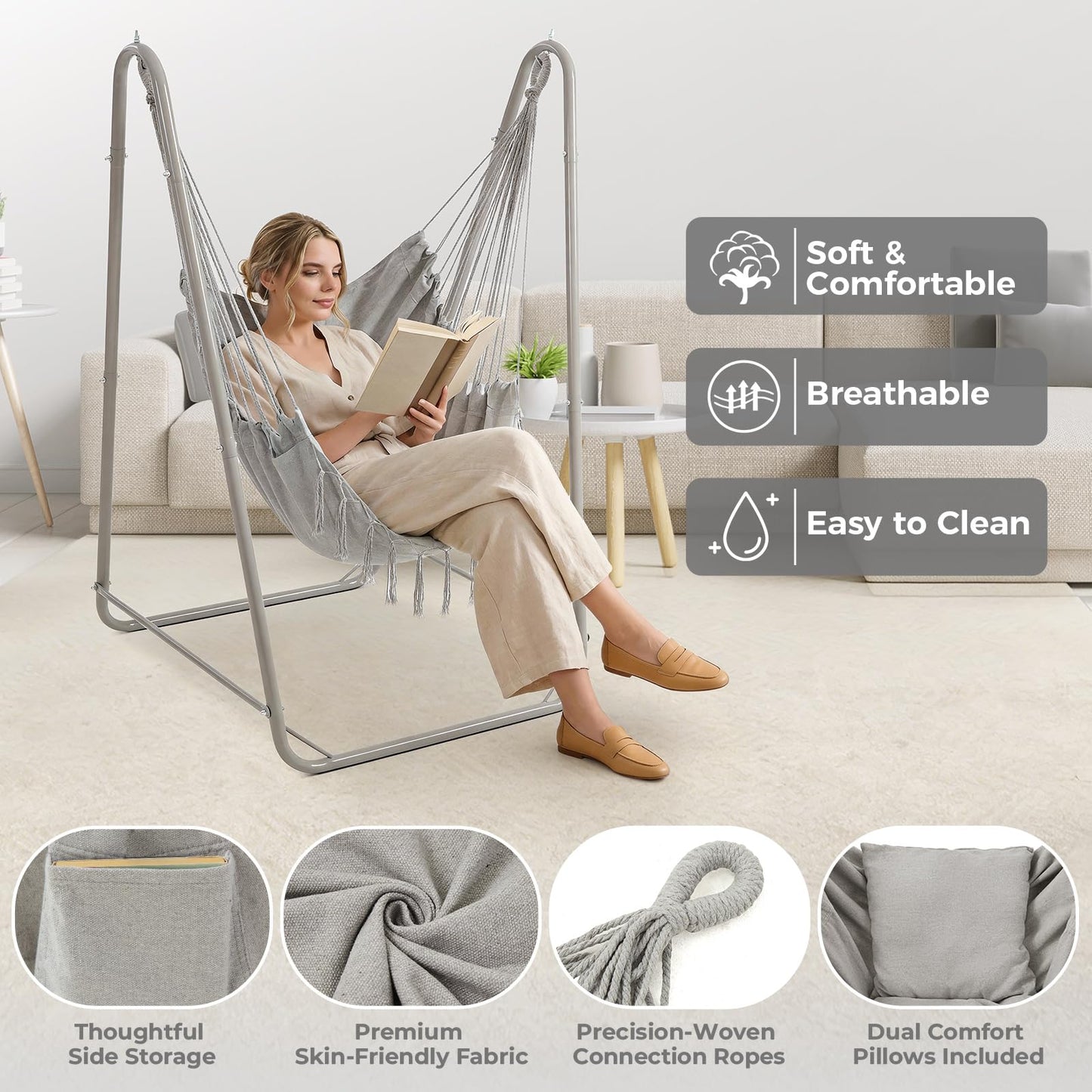 SELFLA U-Shaped Hammock Chair with Stand, Heavy-Duty Steel Hanging Chair with Stand for Indoor & Outdoor Use, Solid Support & Stable Base, 220 lbs Capacity, Easy Assembly - Grey
