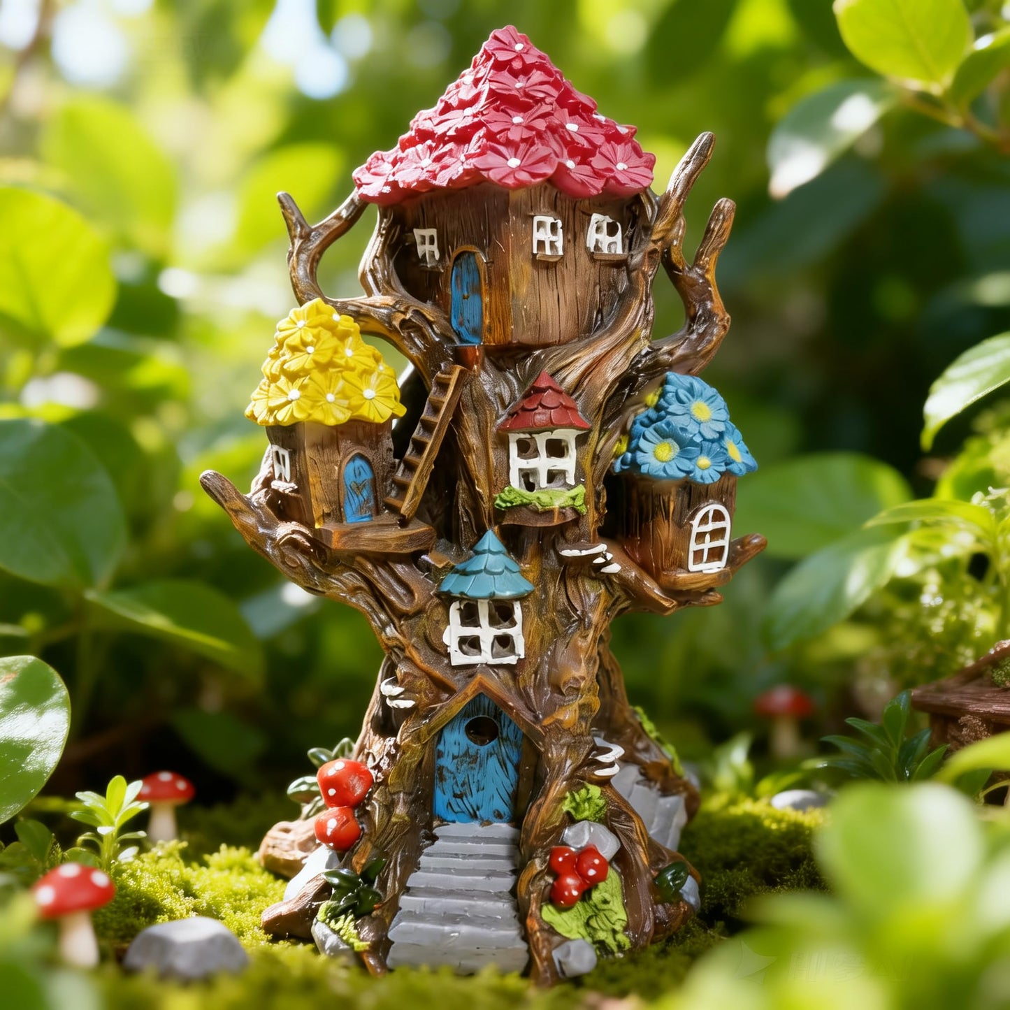 BLBYHO Solar Fairy House Large Fairy Garden Treehouse for Outside, Fairy Garden Accessories Outdoor, Garden Statues Fairy Tree House, for Home, Yard, Balcony Decor, Birthday Gifts for Kids
