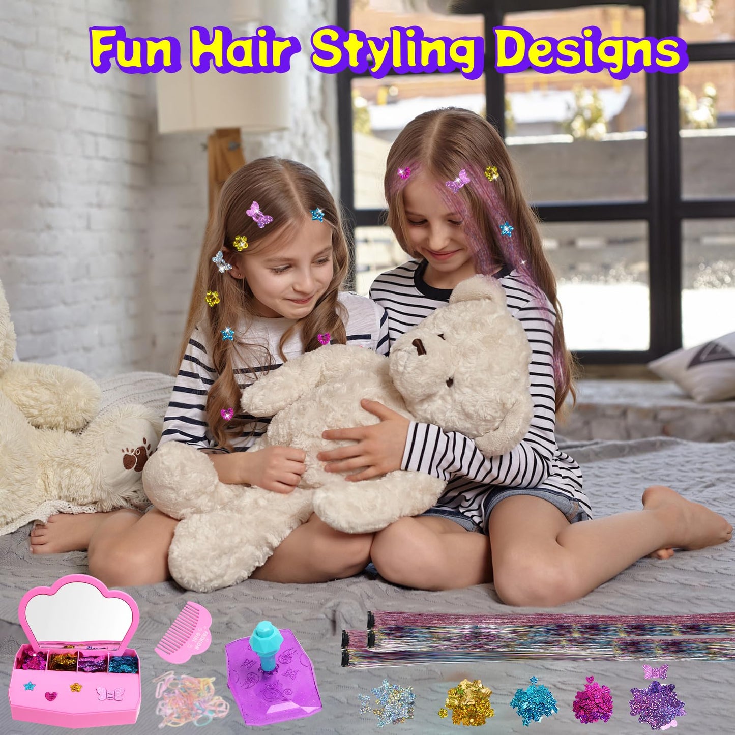 AOSITE Hair Gem Stamper, Girls Hair Bedazzler Kit with Hair Glitter Patch, 10 Pack Hair Jewel Stamper for Girls Toy, Hair Design Art Crafts Gift Ages 6-12, Reusable Hair Styling Tool