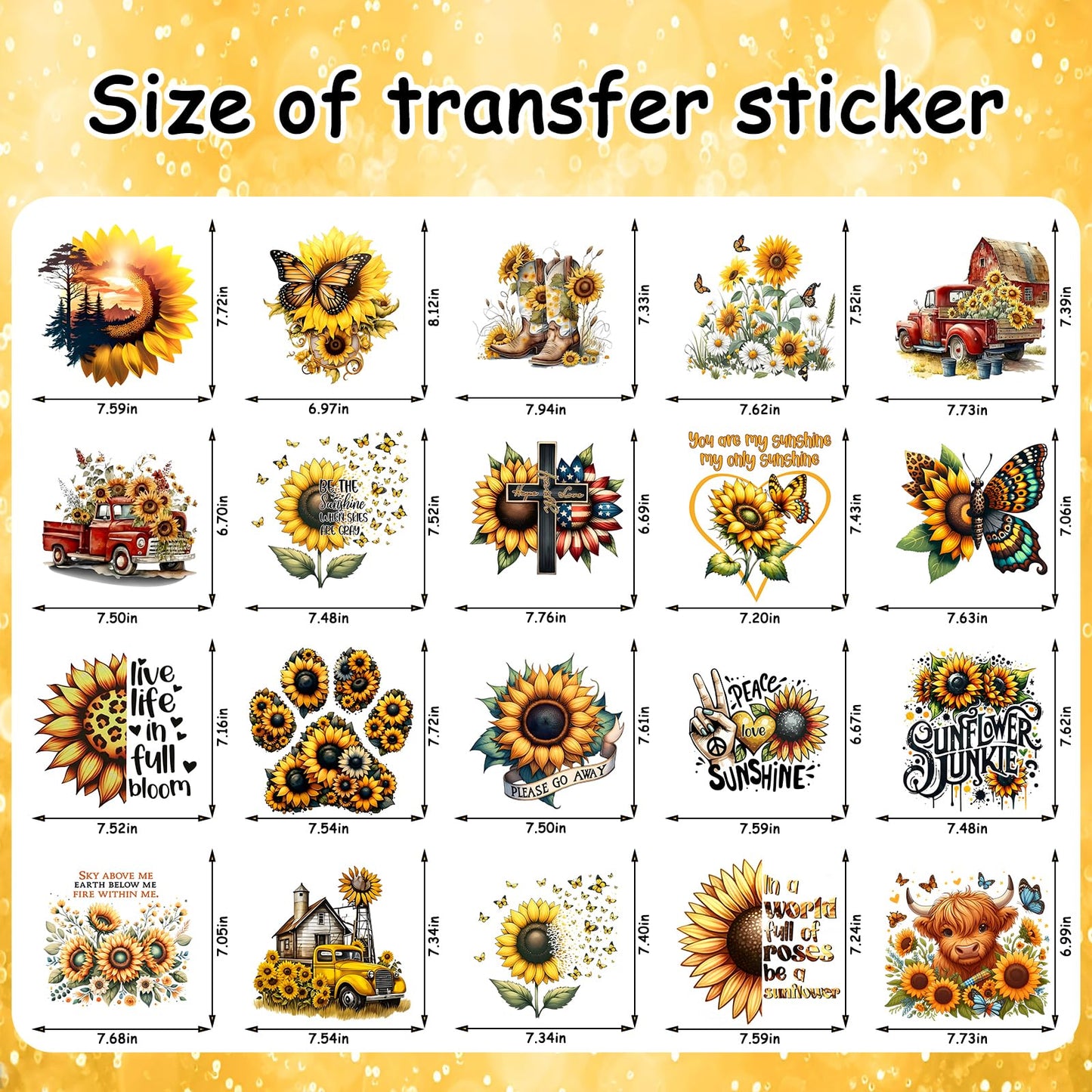 20 PCS Sunflower Heat Transfer Vinyl Stickers - Western Cowgirl/Truck/Butterfly/Cross Design Iron On Patches, Durable PU Vinyl Heat Transfer Decals for T-Shirts, DIY Clothing/Accessories/Bags/Hats