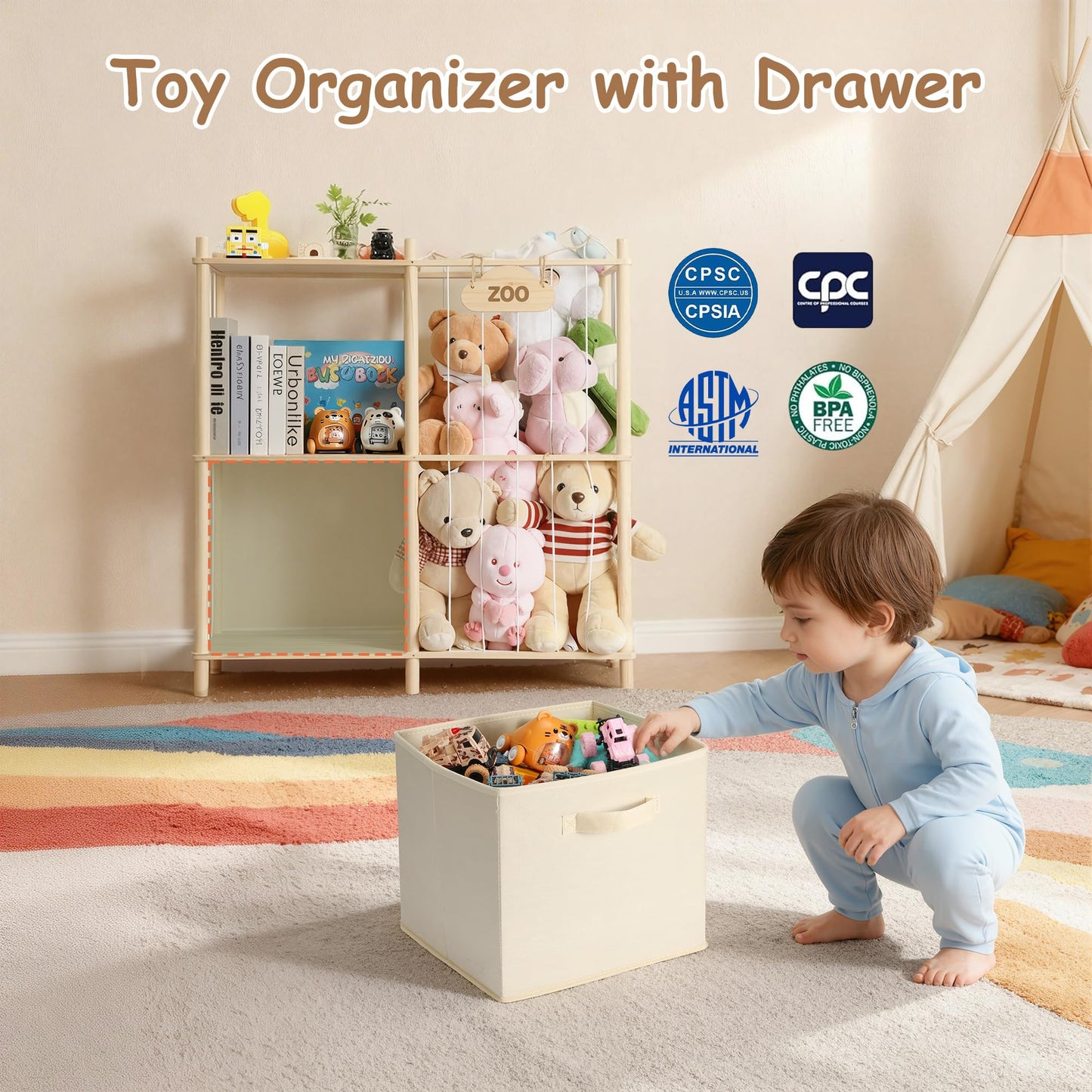 LAMU Stuffed Animal Storage and Kids Bookshelf, Wooden Toy Organizer with Large Toy Box Chest, Kids Bin Shelf Toys Box Bookcase, Stuffed Animal Zoo Holder for Bedroom Playroom Nursery
