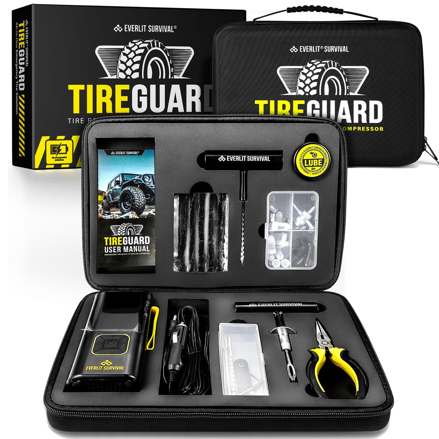EVERLIT All-in-One Tire Repair Kit with Air Compressor – 150 PSI Portable Cordless Tire Inflator & Plug Kit – Flat Tire Emergency Roadside Kit for Car, SUV, Truck & Motorcycle Fast Repair & Inflation