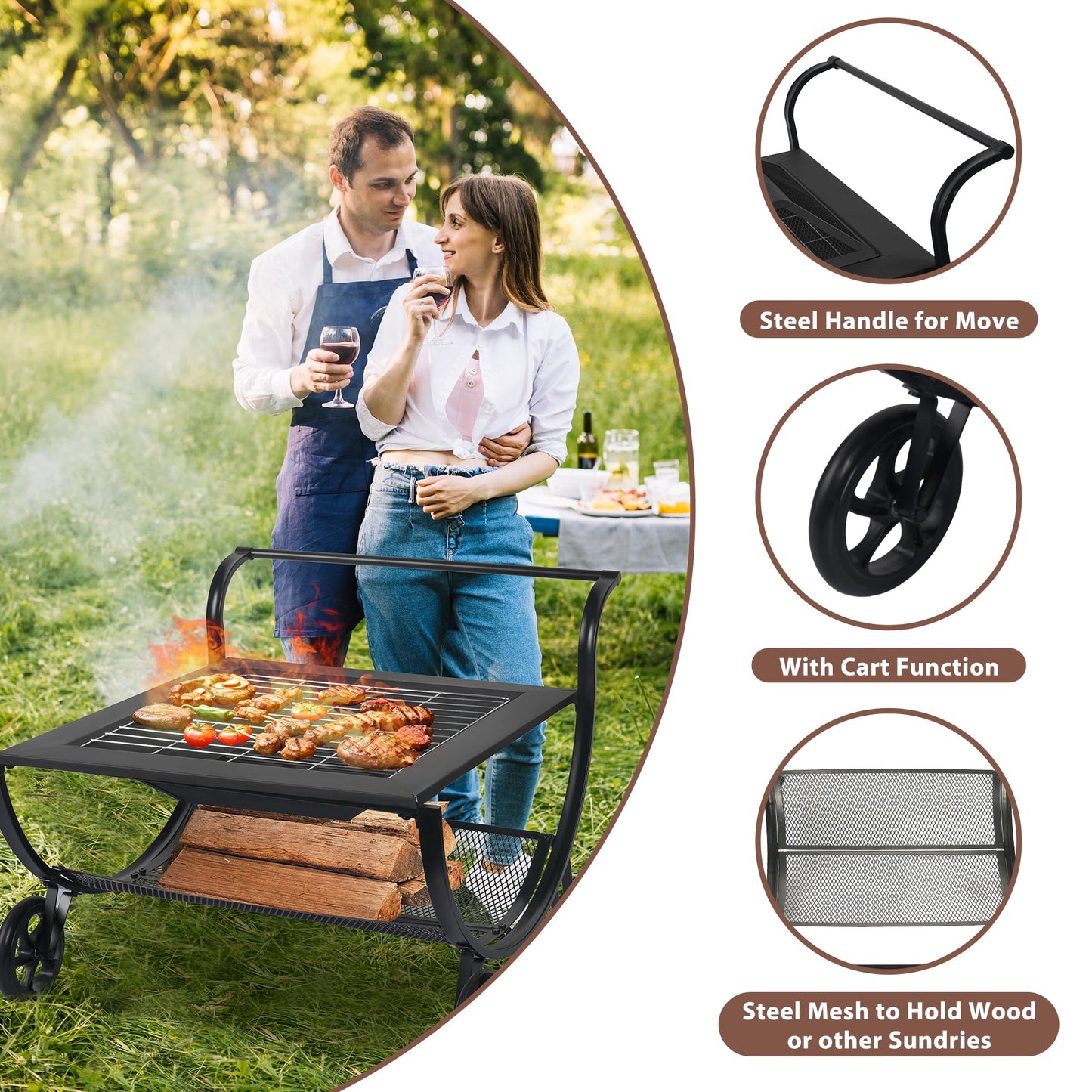 Outdoor Fire Pit with Wheels and Log Rack, Portable Fireplace Wood Burning for Garden, Patio, and Backyard - Includes Mesh Screen and Fire Poker, Fire Pits & Outdoor Fireplaces