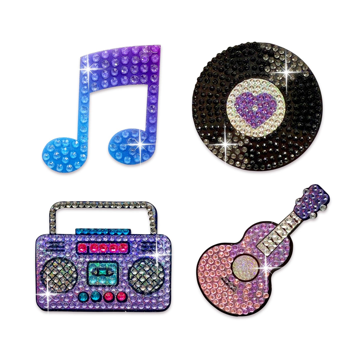 StickerBeans® Rhinestone Stickers – I Love Music Sticker Pack, 2” x 2” Unique Sparkly Cut-to-Shape for Collecting, Trading, Decorating Laptops, Phone Cases, Scrapbooks - Kids, Teens, Adults