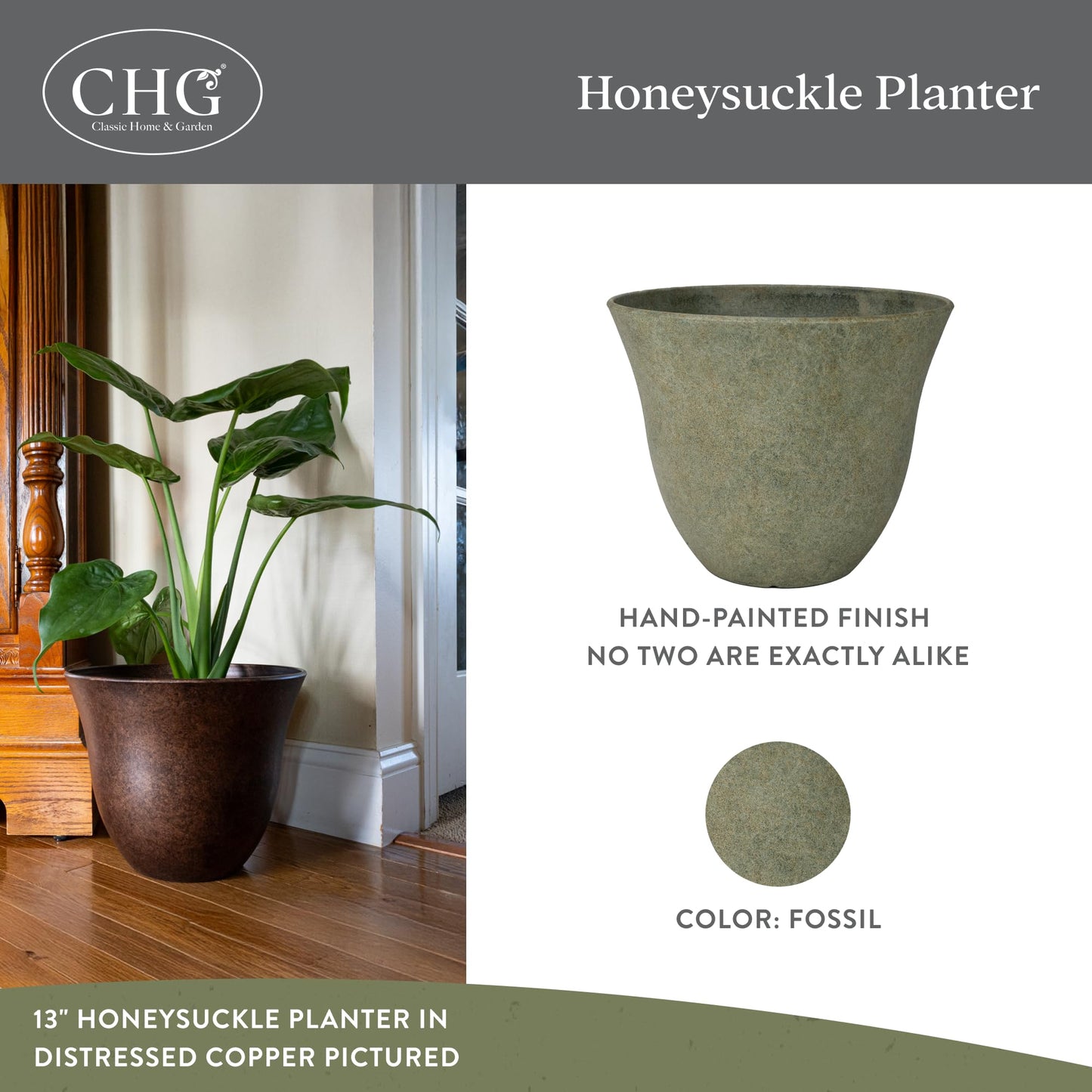 Classic Home and Garden by Growscape Honeysuckle Resin Planters - Lightweight Indoor & Outdoor Plant Pots - UV-Resistant Plastic Flower Pots - Pot Planters for Flowers & Herbs (13" Fossil)