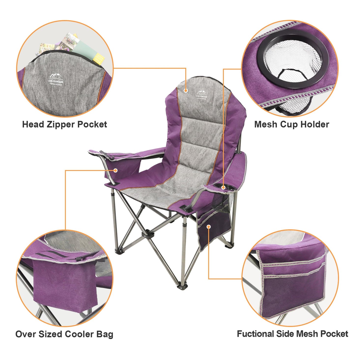 LANMOUNTAIN Camping Chairs for Adults,High Back Folding Camp Chair with Cup Holder and Cooler Bag,Heavy Duty Outdoor Lawn Chairs,Perfect for Camping,Hiking,Picnics,and Beach Trips,Purple