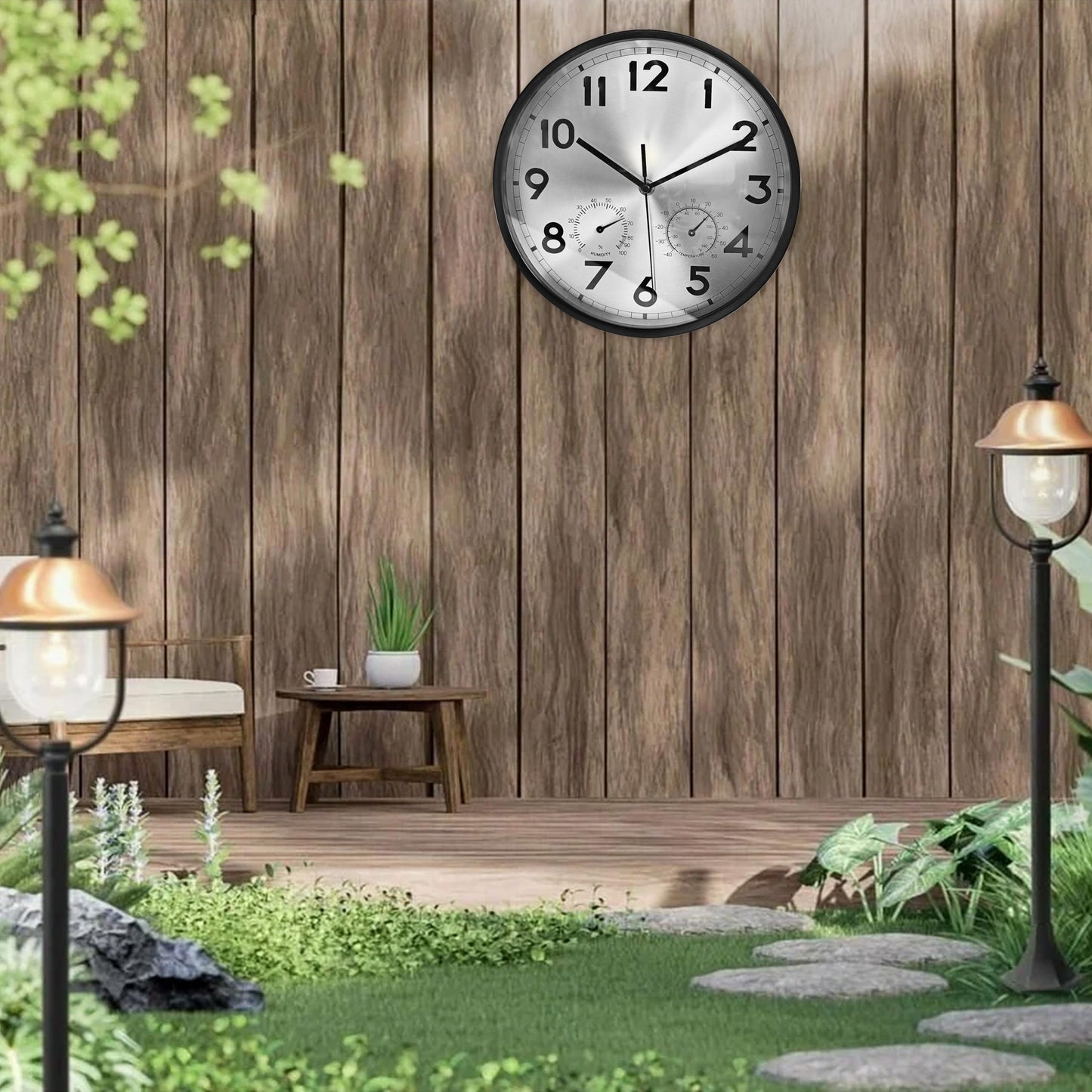 VIOYOUNS 10 Inch Indoor Clock with Temperature and Humidity, Waterproof and Silent, Large Easy-to-Read Numbers, Ideal for Bedroom,Office,Living Room,Porch,Garden,Pool(Silver)