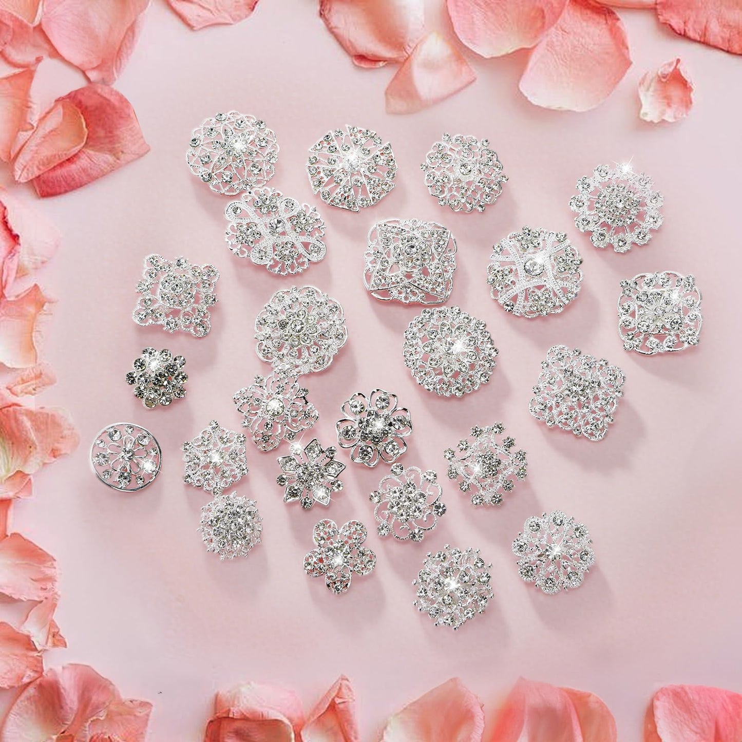 Hiceeden Lot 24 Pcs Crystal Brooches Pins, Silver Shining Clear Rhinestone Brooches Flower Jewelry Bridal Wedding Bouquet Kit Gift for Girls, Women, DIY Decoration