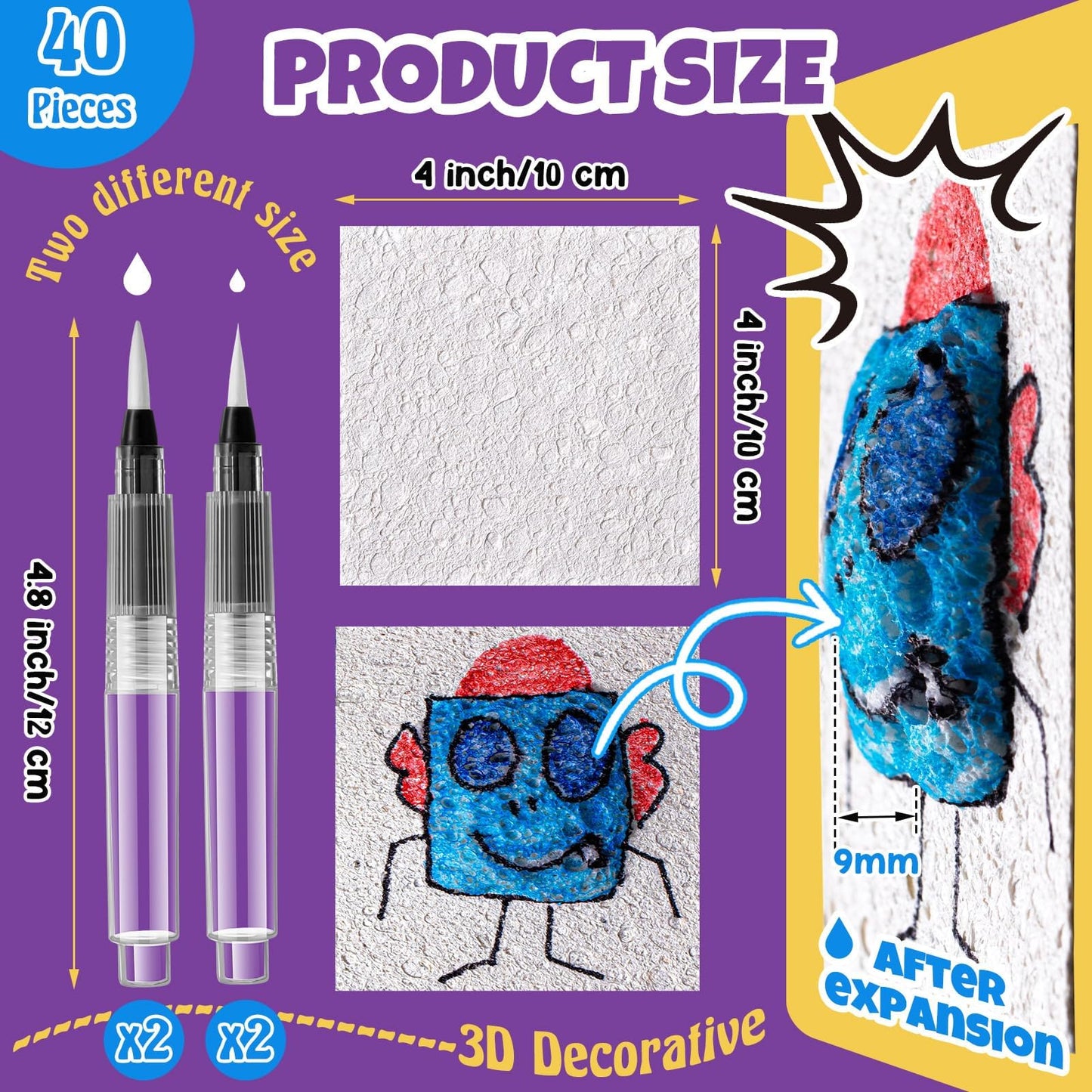 Wonderjune 20 Pcs Christmas Foam Texture Painting Paper for Craft, Magical Foam Texture Paper Sheet with Water Brush Pen, Handicraft Blank Painting Sheet for 3D Craft DIY Art Supplies (Square)