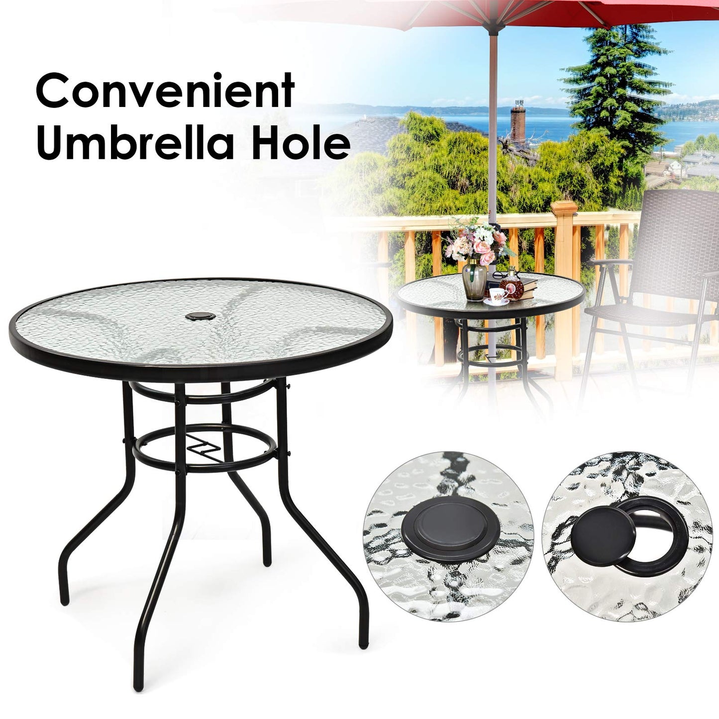 Tangkula 32" Round Outdoor Table with Tempered Glass Top, Patio Dining Table with Umbrella Hole & Metal Frame, Outside Bistro Table for Backyard, Lawn, Deck & Poolside