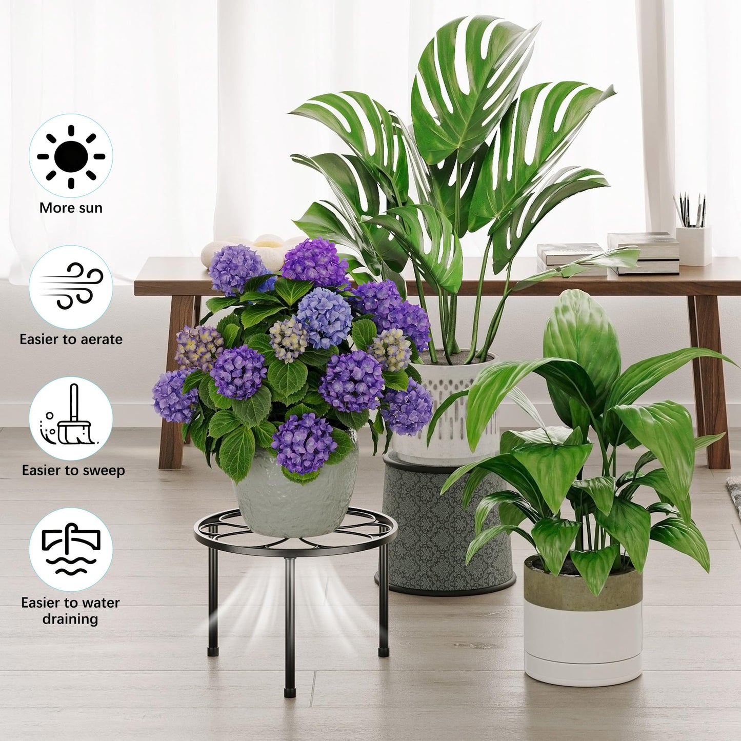 NQW 5 Pack Metal Plant Stands,Heavy Duty Potted Holder for Flower Pot,Indoor Outdoor Metal Rustproof Iron Garden Container Round Supports Flower Rack for Planter(BlackFlower)
