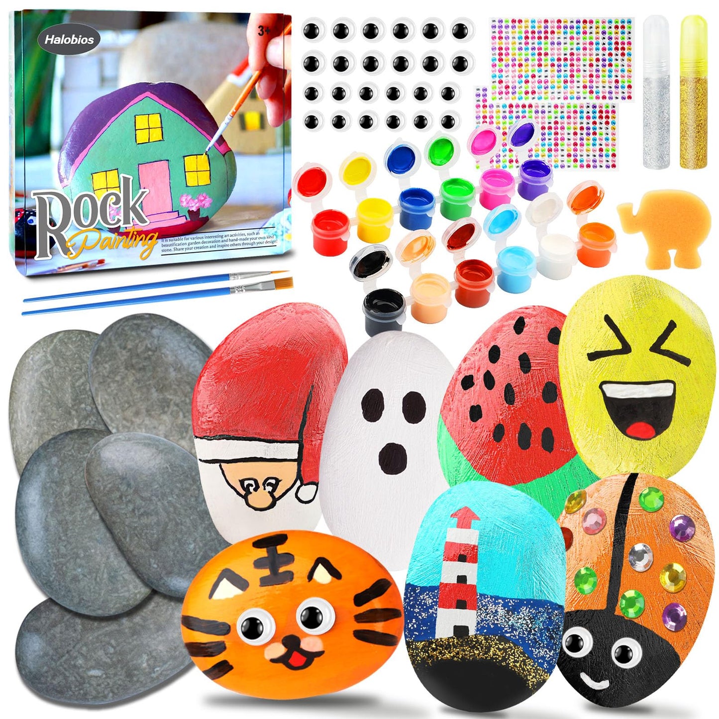 Halobios Rock Painting Kit, 12 Rocks for Painting, Arts and Crafts for Kids Ages 6-12, Rock Painting Kit for Adults, Art Supplies for Birthday Children's Day Gifts