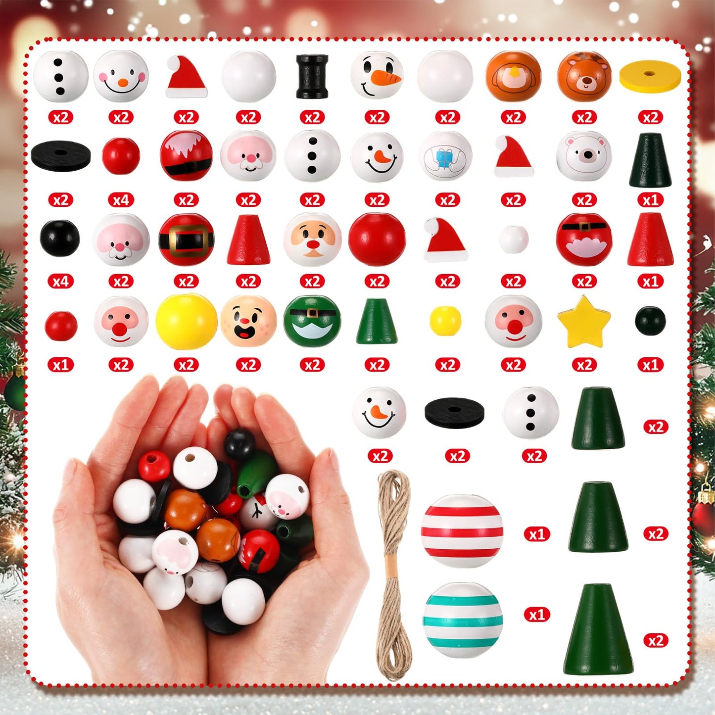 Ferreve 195 Pcs DIY Christmas Beads Ornaments Kits with Twine Beadable Blank Christmas Tree Hangers Elk Snowman Elf Wooden Bead for Xmas Tree Hangers Garland Crafts Winter Party Farmhouse Home