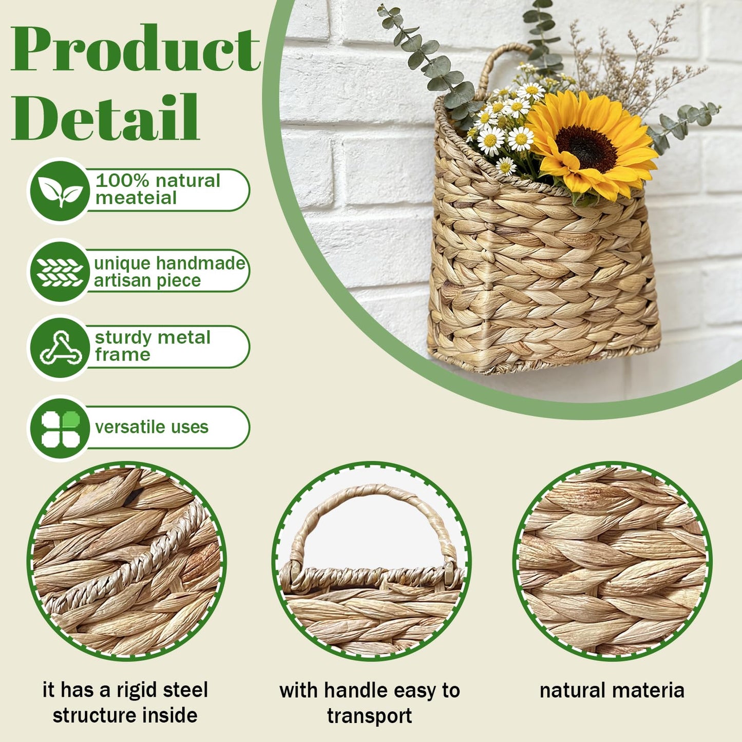 Woven Wall Hanging Basket - Handmade Water Hyacinth Flat Back Basket for Entryway Organizer, Rustic Farmhouse Wall Decor, Gift for Housewarming,Home Storage