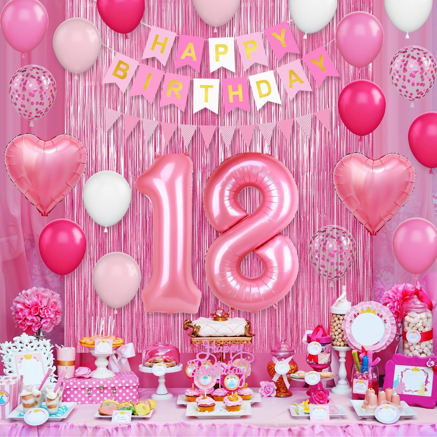 18th Birthday Decorations for Girls,Hot Pink 18th Birthday Balloons with Happy Birthday Banner Fringe Curtain Heart Foil Balloons for 18 Year Old Birthday Decor