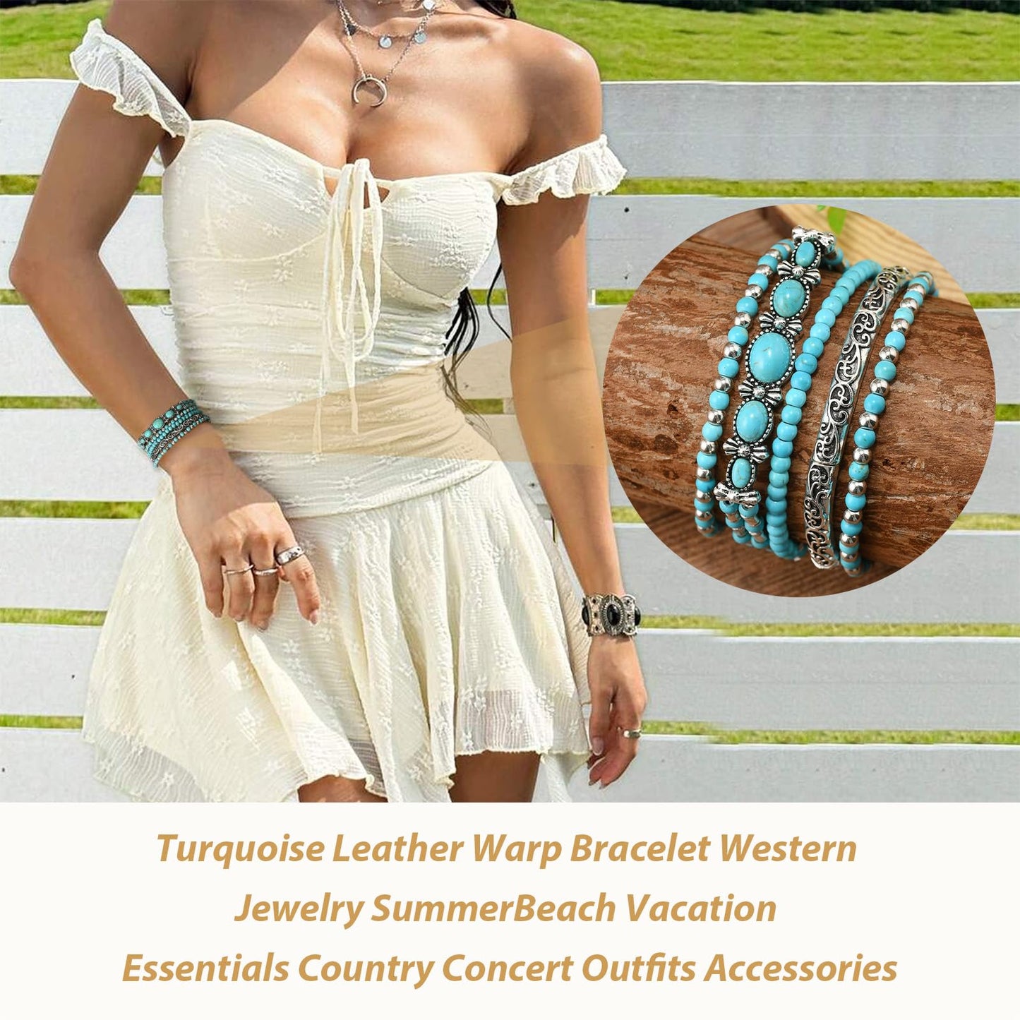 Long tiantian Western Turquoise Bracelet Chic Outfits for Women Boho Native Jewelry Beaded Bracelet Stack Summer Inspired Clothes Concho Country Concert Outfits