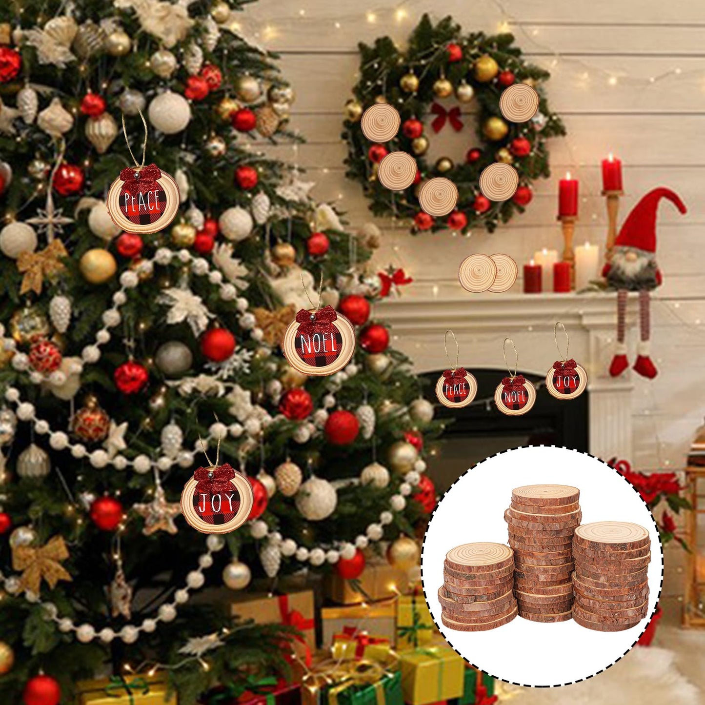 kukmakri 90 PCS Natural Wood Slices with Hole for Crafts, Diameter 3.54-3.94 Inch, Perfect Wood Slices Wooden Circles and Discs for Centerpieces, Decorations, and More(Include 2 Rope)