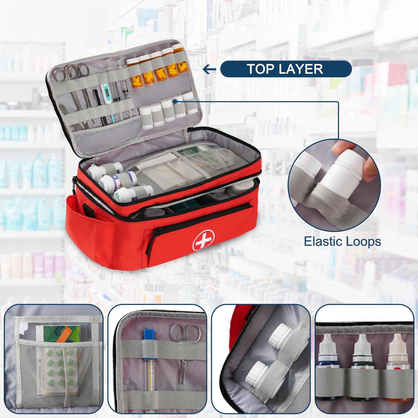 TGCUR Medicine Organizer and Storage Bag Empty, Family First Aid Box, Pill Bottle Organizer Bag for Emergency Medication, Supplements or Medical Kits, Zippered Medicine Bag for Home and Travel (Red)