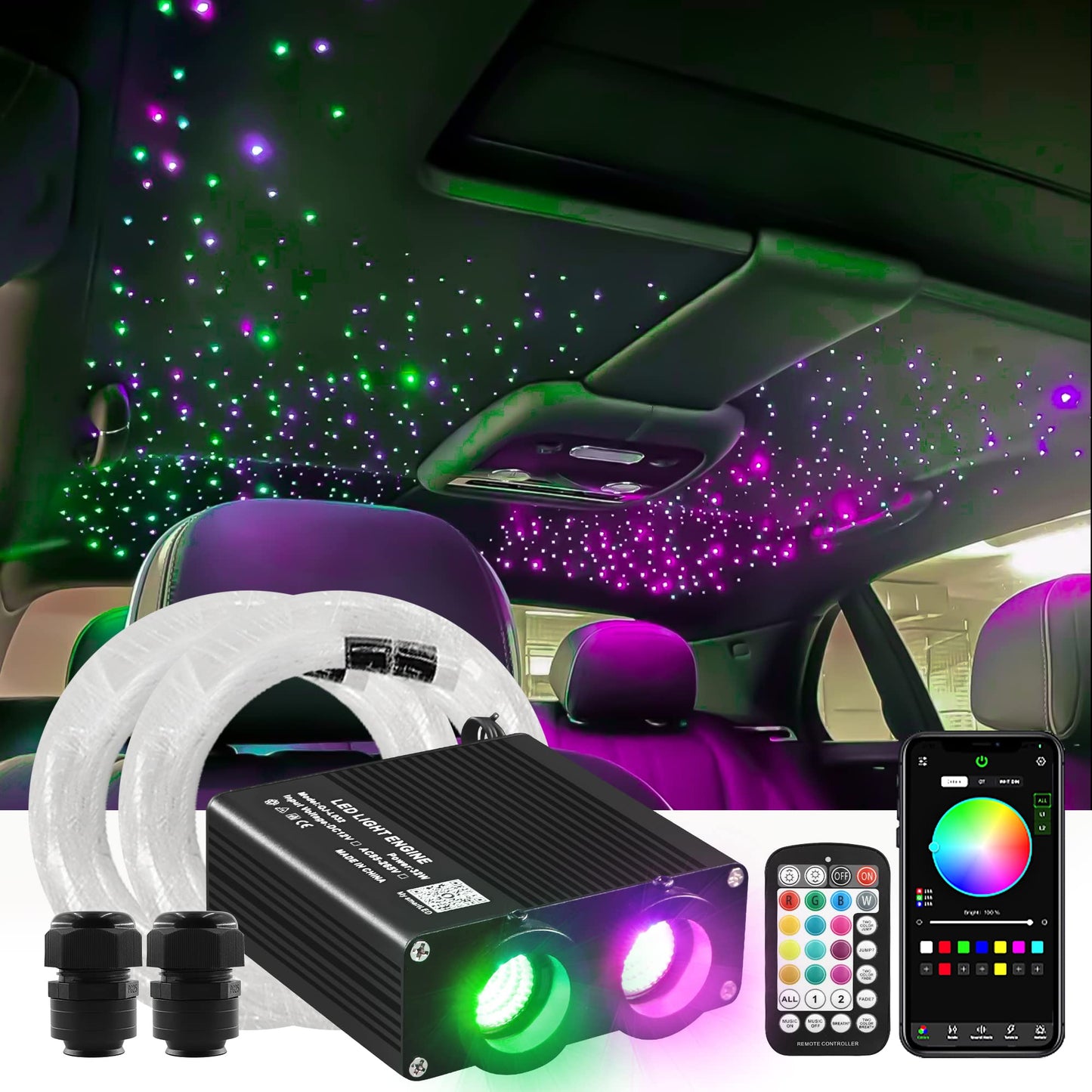 ATOKEE 32W Dual Color Starlight Headliner Kit, Sound Activated Fiber Optic Star Roof Lights with APP/Remote Control, 600pcs 0.03in 9.8ft