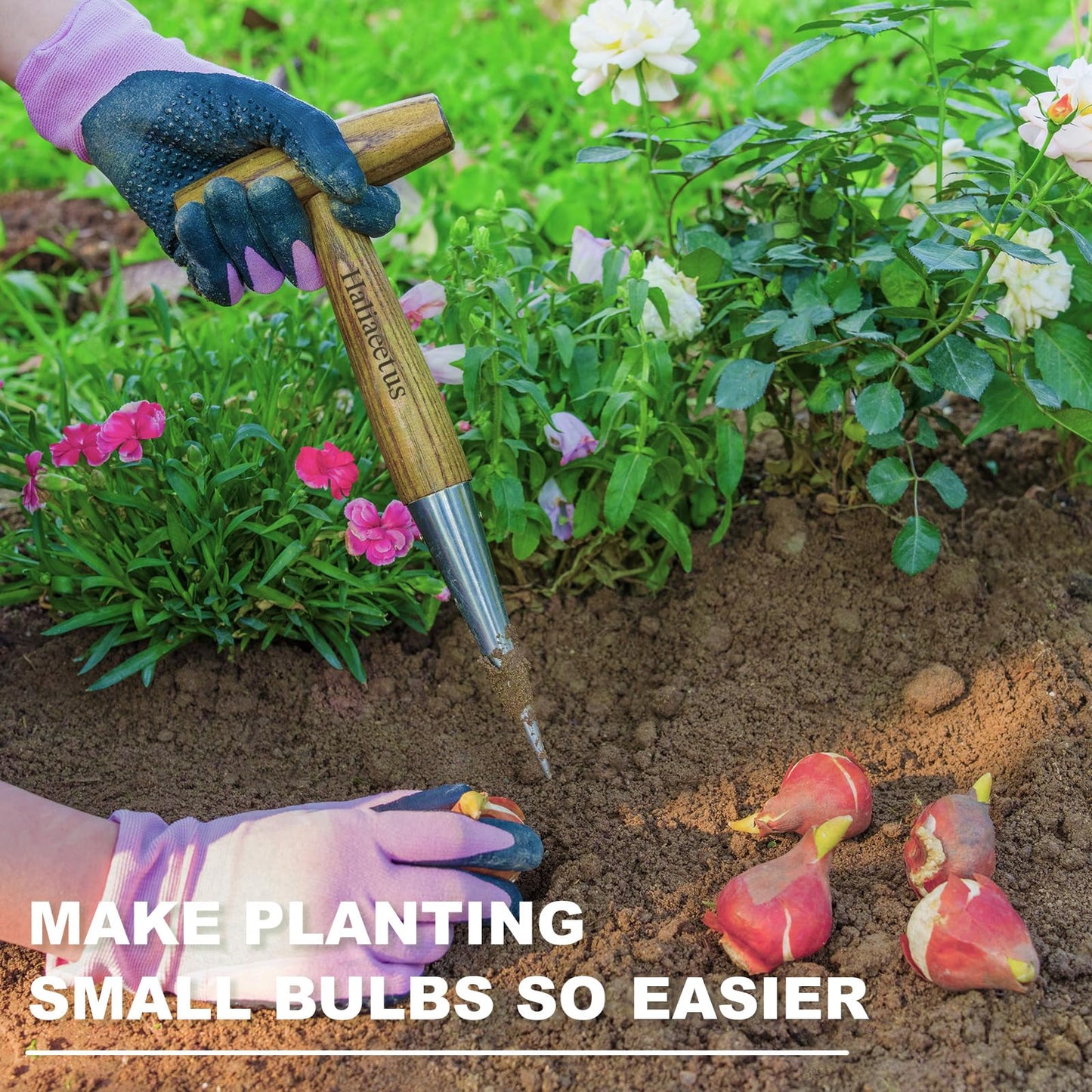 Haliaeetus Dibber Garden Tool, Stamped Stainless Steel Tip Seed Dibber, Smooth Splinter-Free T-Shape Wood Handle Dibbler with Comfortable Grip, 11'' Dibber for Planting Seed and Transplanting Seedling