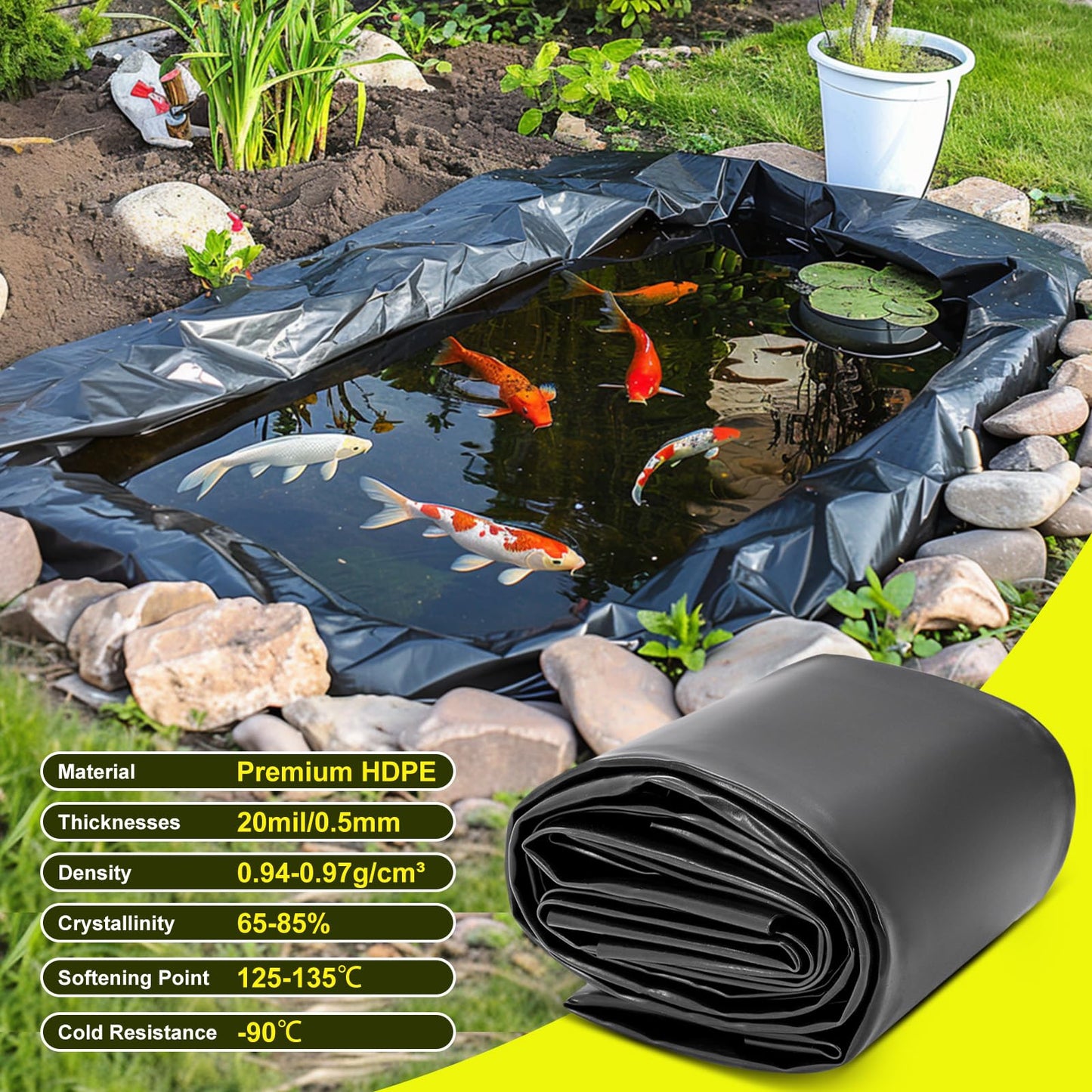 Froidesente 7 x 10 FT Pond Liner, 20 Mil Pond Liners for Outdoor Ponds, HDPE Pond Liner Easy Cutting Puncture Resistant, Pond Liners for Water Garden Fountain Waterfall, Koi Fish Aquaculture Pond