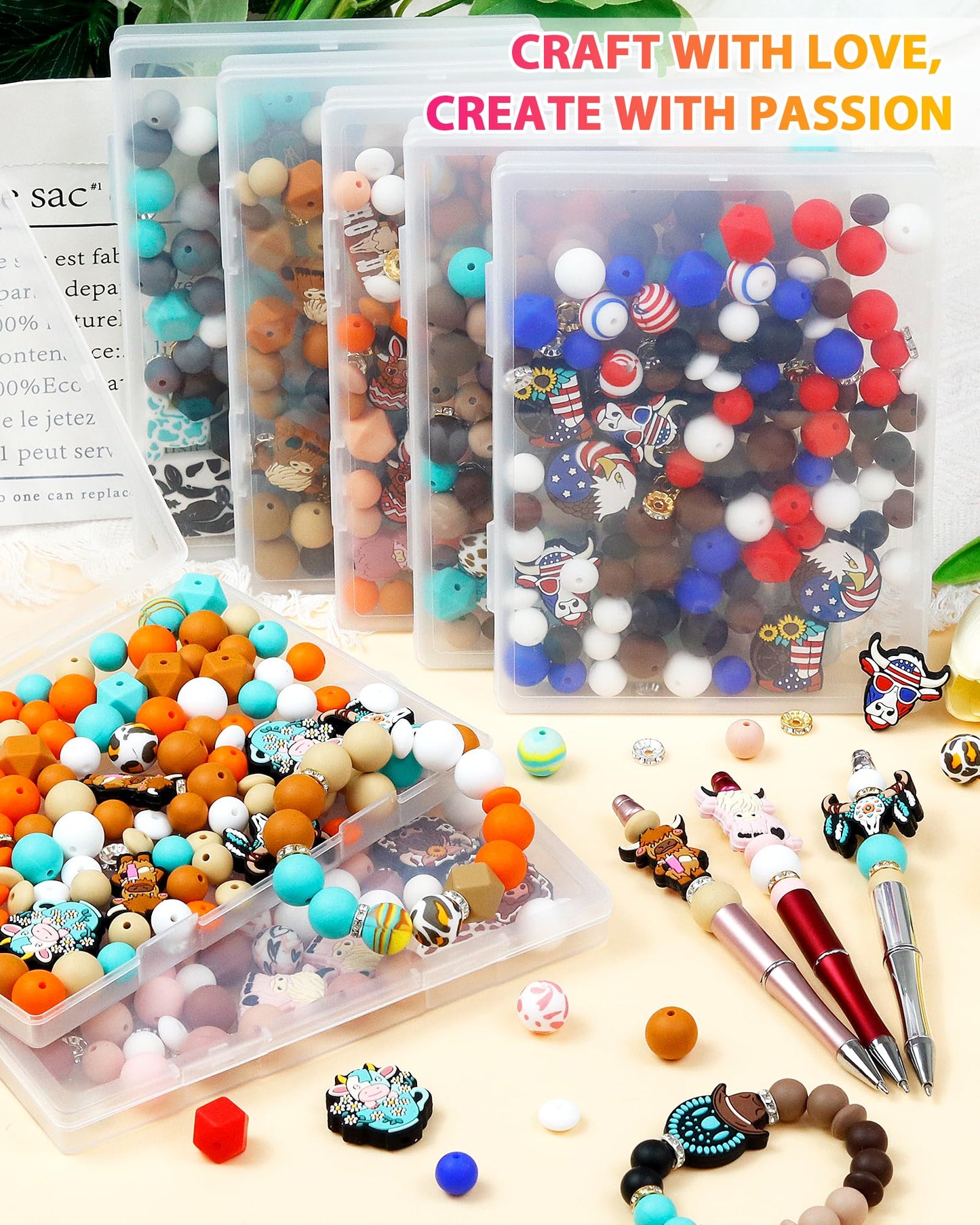 112PCS FIVEIZERO 12mm 15mm Cow Focal Silicone Beads for Keychain Making, Round, Lentil, Hexagonal, Print, 10mm Rhinestone Rondelle Spacers Beads for Bracelet, Pens, Necklace Crafts(Pink Brown)