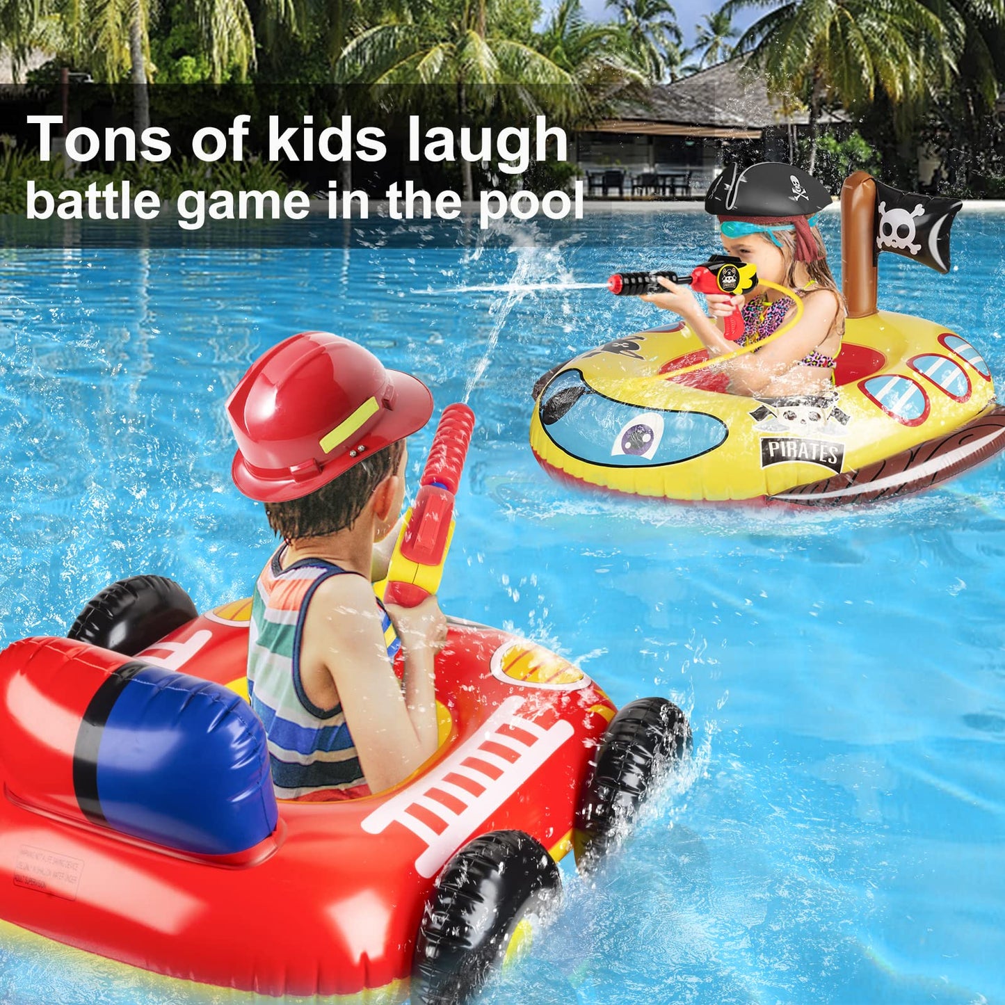 2 Pack Inflatable Kids Pool Floats with Water Gun, Pool Toys for Kids Ages 4-8, Blow Up Toddler Pool Floats, Swimming Pool Game Toys, Fire Truck and Pirate Ship Floaties for Boys Girls and Child