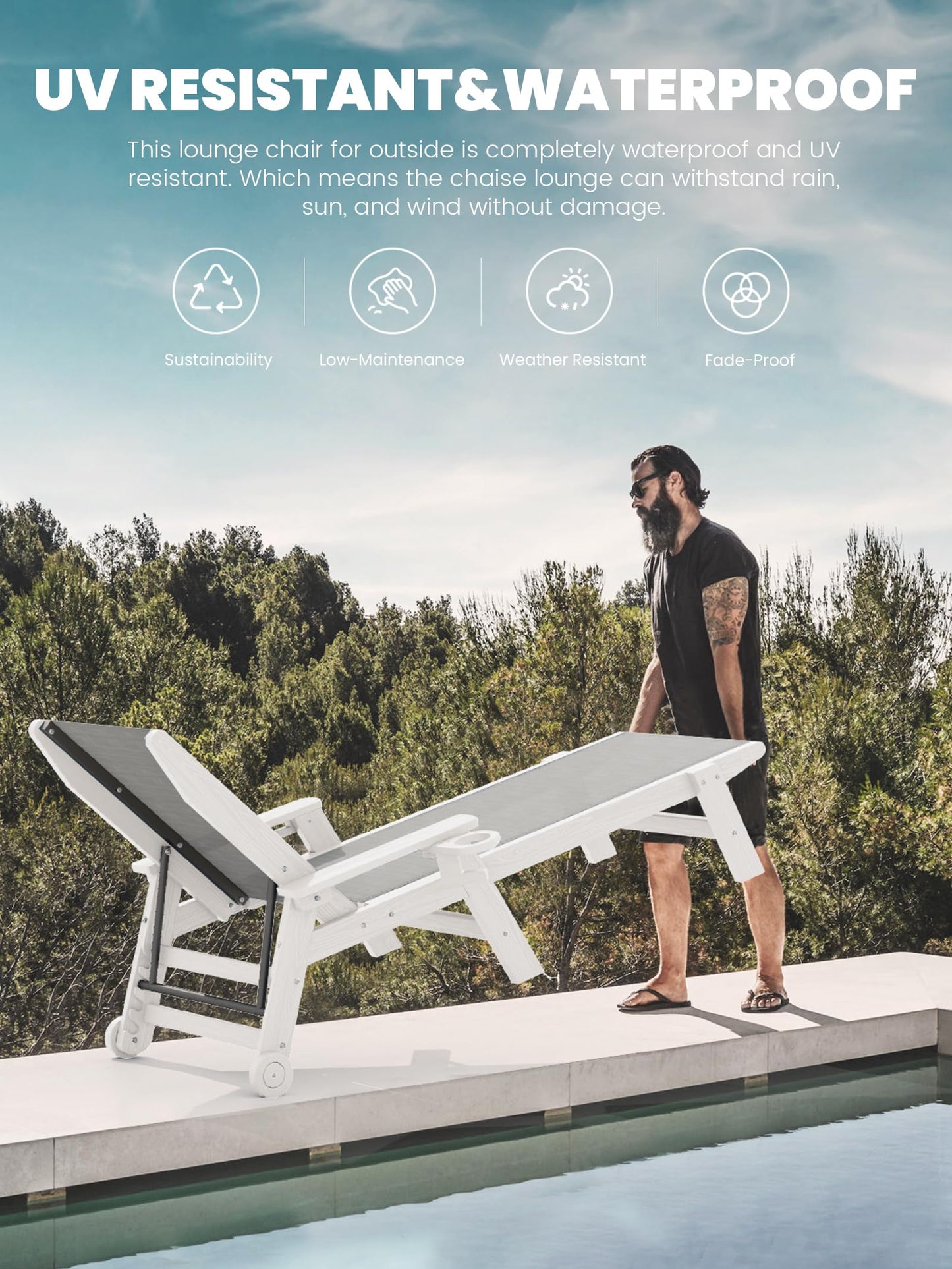 SERWALL Textilene Patio Chaise Lounge Chair Set of 2, 5 Positions Outdoor Lounger with Rolling Wheels for Pool, Deck, White